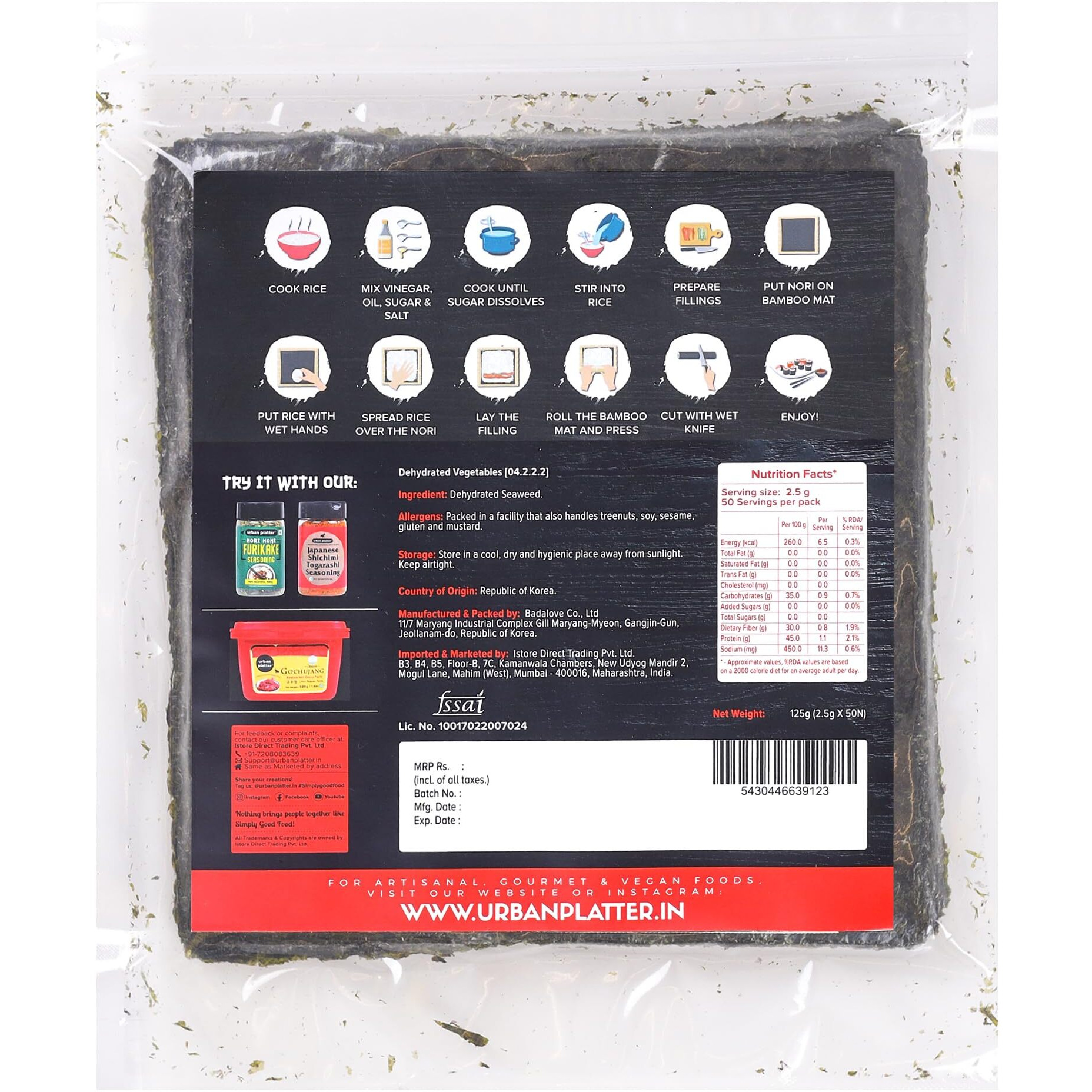 Urban Platter Sushi Nori Sheets, 125g [50 Sheets, Roasted Seaweed Laver |Product of Korea | Umami Flavour]