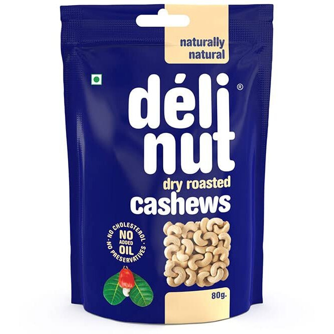 Delinut Dry Roasted Cashews | Plain and Flavoured Cashews (Plain, 80 gm)