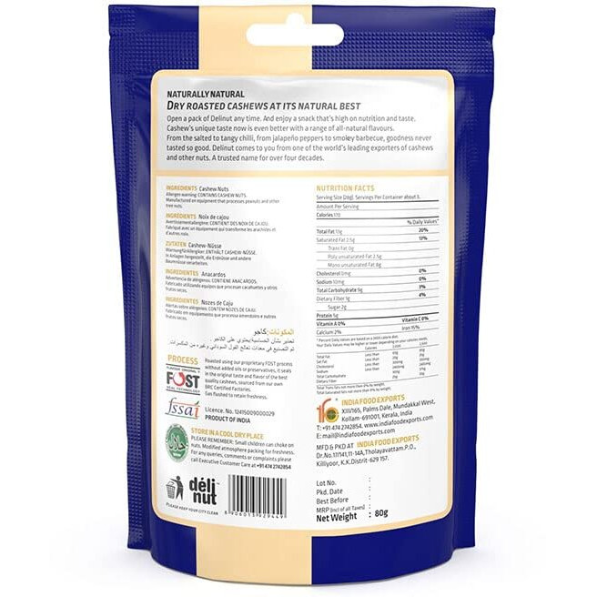 Delinut Dry Roasted Cashews | Plain and Flavoured Cashews (Plain, 80 gm)