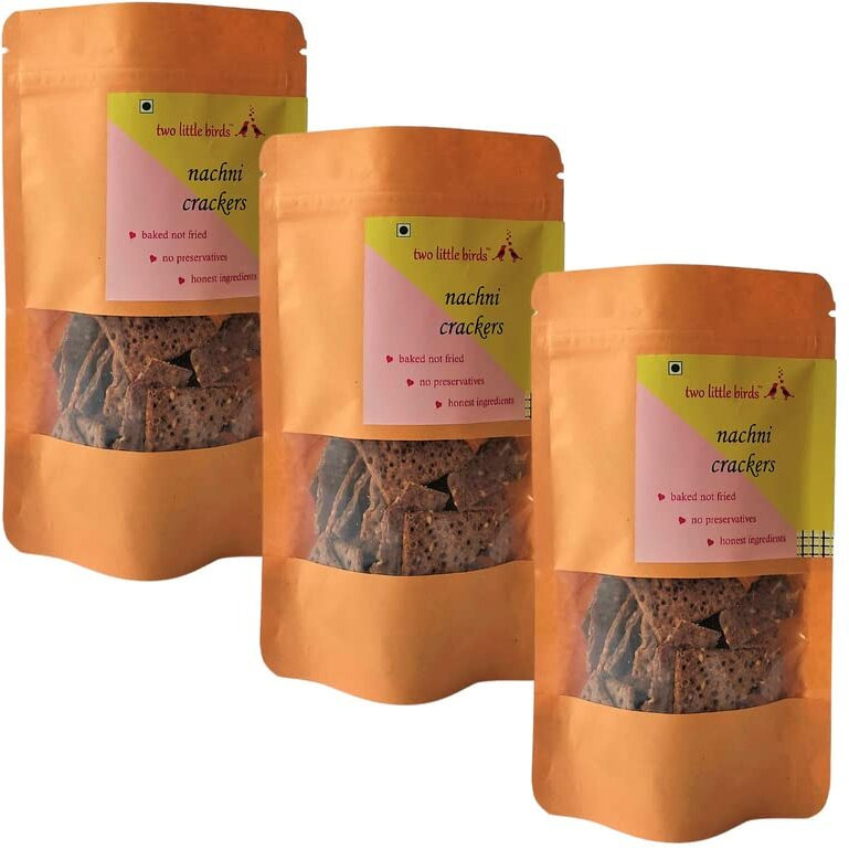 two little birds Nachni Crackers - Made with Ragi and Whole Wheat Flour| Baked Not Fried, Eggless, Handmade, Freshly Baked Snacks Chips| No Added Preservatives, Maida or Palm Oil| 120Grams (Pack of 3)