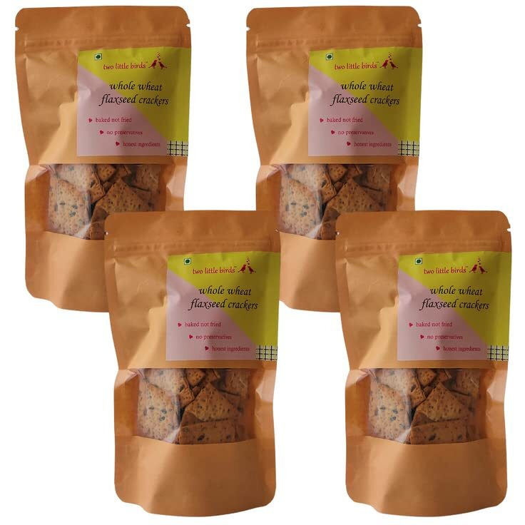 two little birds Whole Wheat Flaxseed Crackers - Made with Healthy Flaxseeds| Baked Not Fried, Eggless, Handmade, Freshly Baked Snacks Chips| No Preservatives, Maida or Palm Oil| 120Grams (Pack of 4)