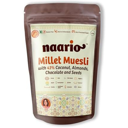 Naario Millet Muesli Sugar Free, High Protein, Fruit and Nuts | Healthy Breakfast Cereal with Coconut, Chocolate, Oats, Almonds, Seeds, Jaggery | Gluten Free - 700g