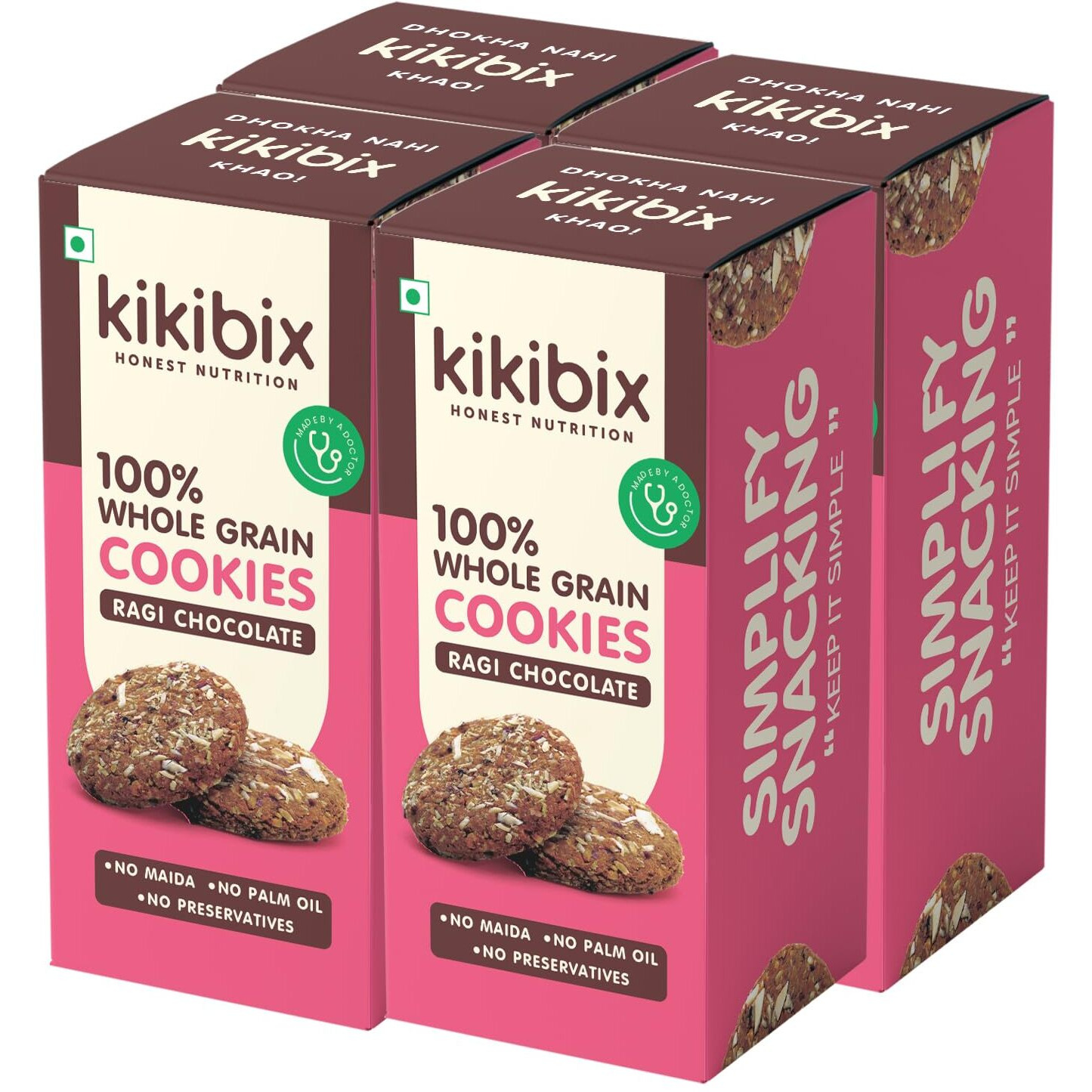 Kikibix Ragi Mocha Almonds, Organic Jaggery & Desi Ghee Cookies, No Maida, No Refined Sugar, Healthy & Tasty Chocolate Biscuits, High Fiber & Calcium Snack 130gms X Pack of 4
