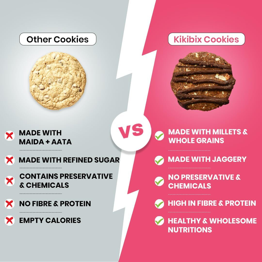 Kikibix Ragi Mocha Almonds, Organic Jaggery & Desi Ghee Cookies, No Maida, No Refined Sugar, Healthy & Tasty Chocolate Biscuits, High Fiber & Calcium Snack 130gms X Pack of 4