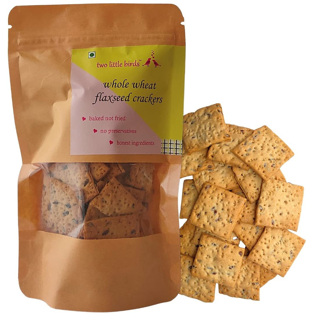 two little birds Whole Wheat Flaxseed Crackers - Made with Healthy Flaxseeds| Baked Not Fried, Eggless, Handmade, Freshly Baked Snacks Chips| No Preservatives, Maida or Palm Oil| 120Grams (Pack of 1)