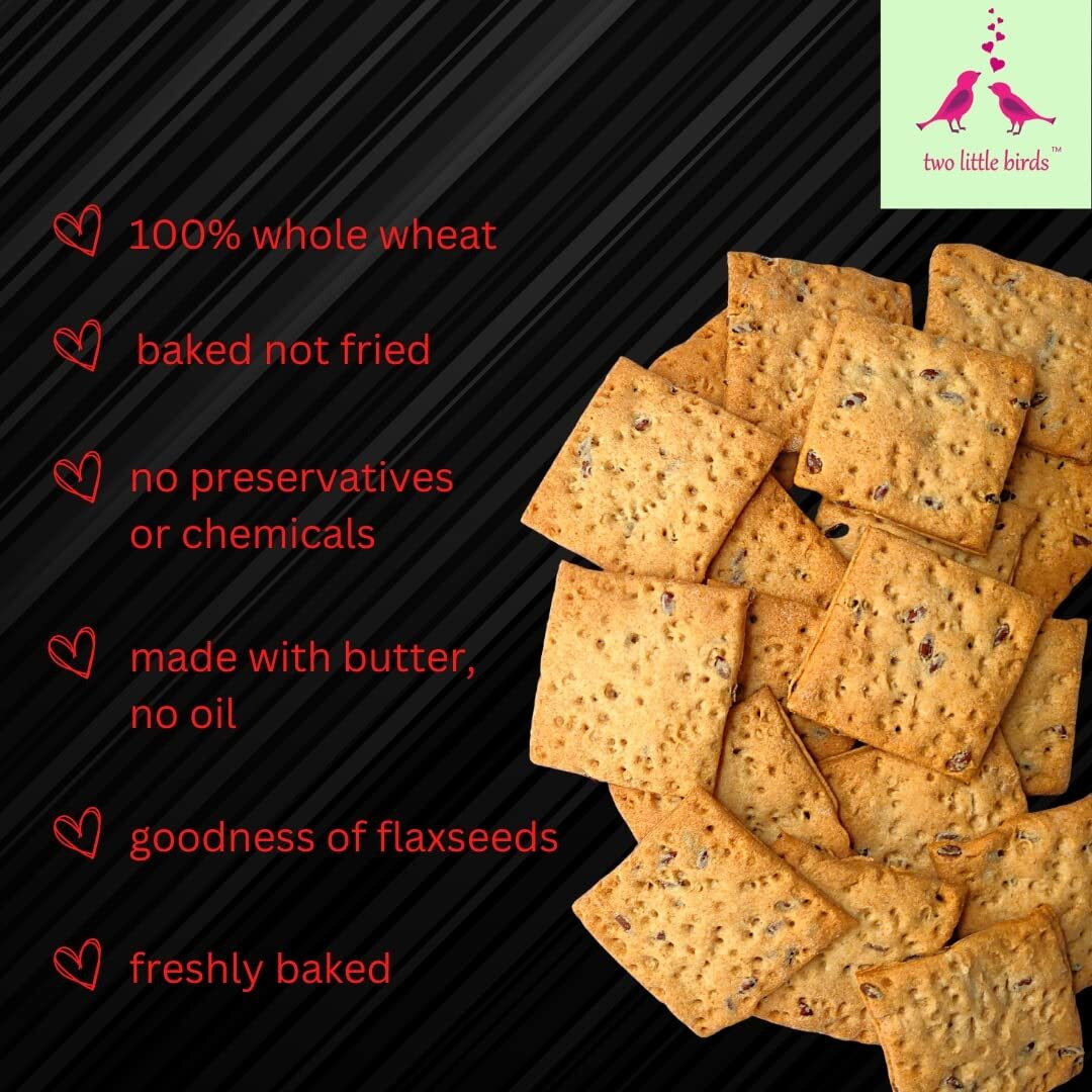 two little birds Whole Wheat Flaxseed Crackers - Made with Healthy Flaxseeds| Baked Not Fried, Eggless, Handmade, Freshly Baked Snacks Chips| No Preservatives, Maida or Palm Oil| 120Grams (Pack of 1)