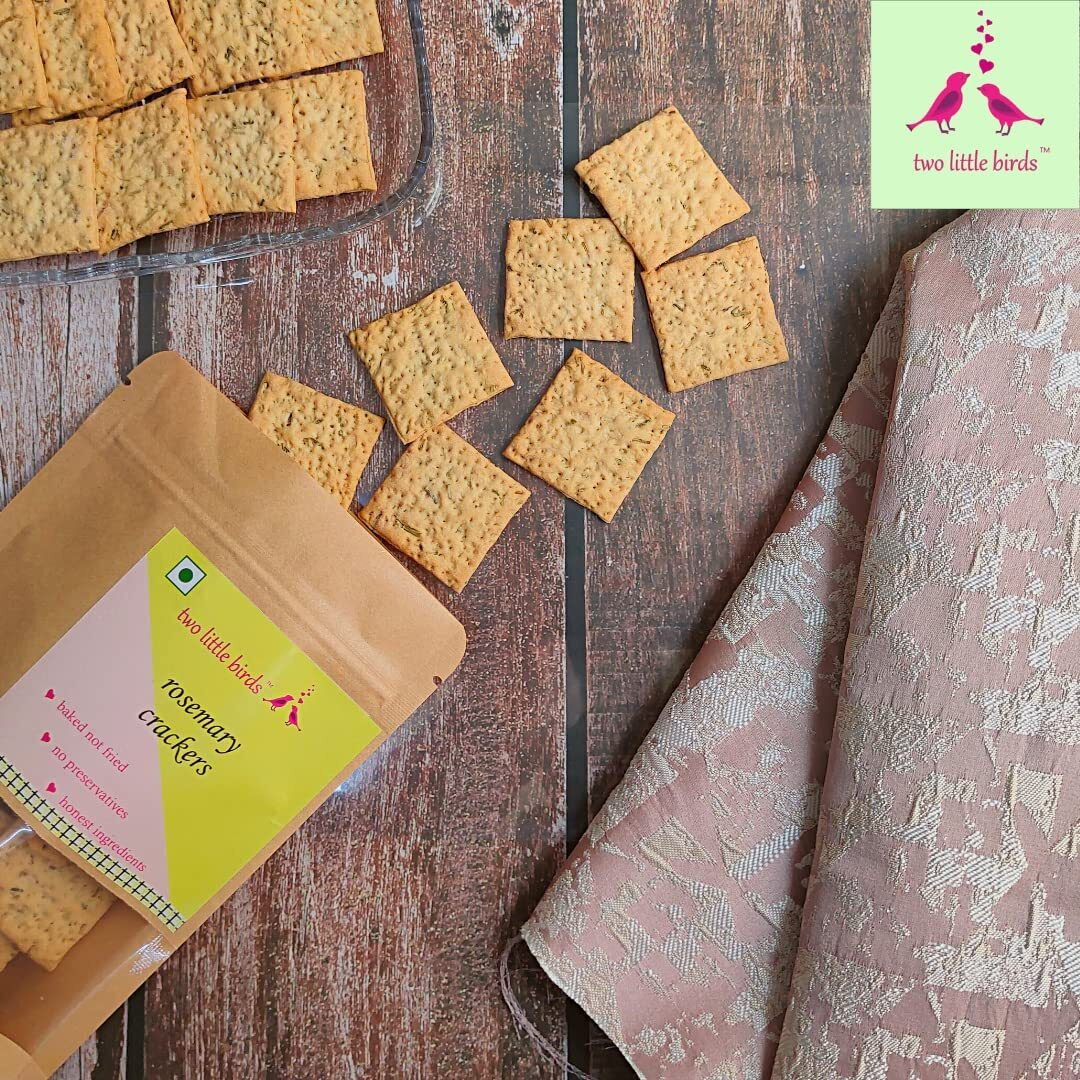 two little birds Rosemary Crackers - Made with Aromatic Rosemary | Baked Not Fried, Eggless, Handmade, Freshly Baked Snacks Chips | No Added Preservatives or Palm Oil | 120 Grams (Pack of 4)