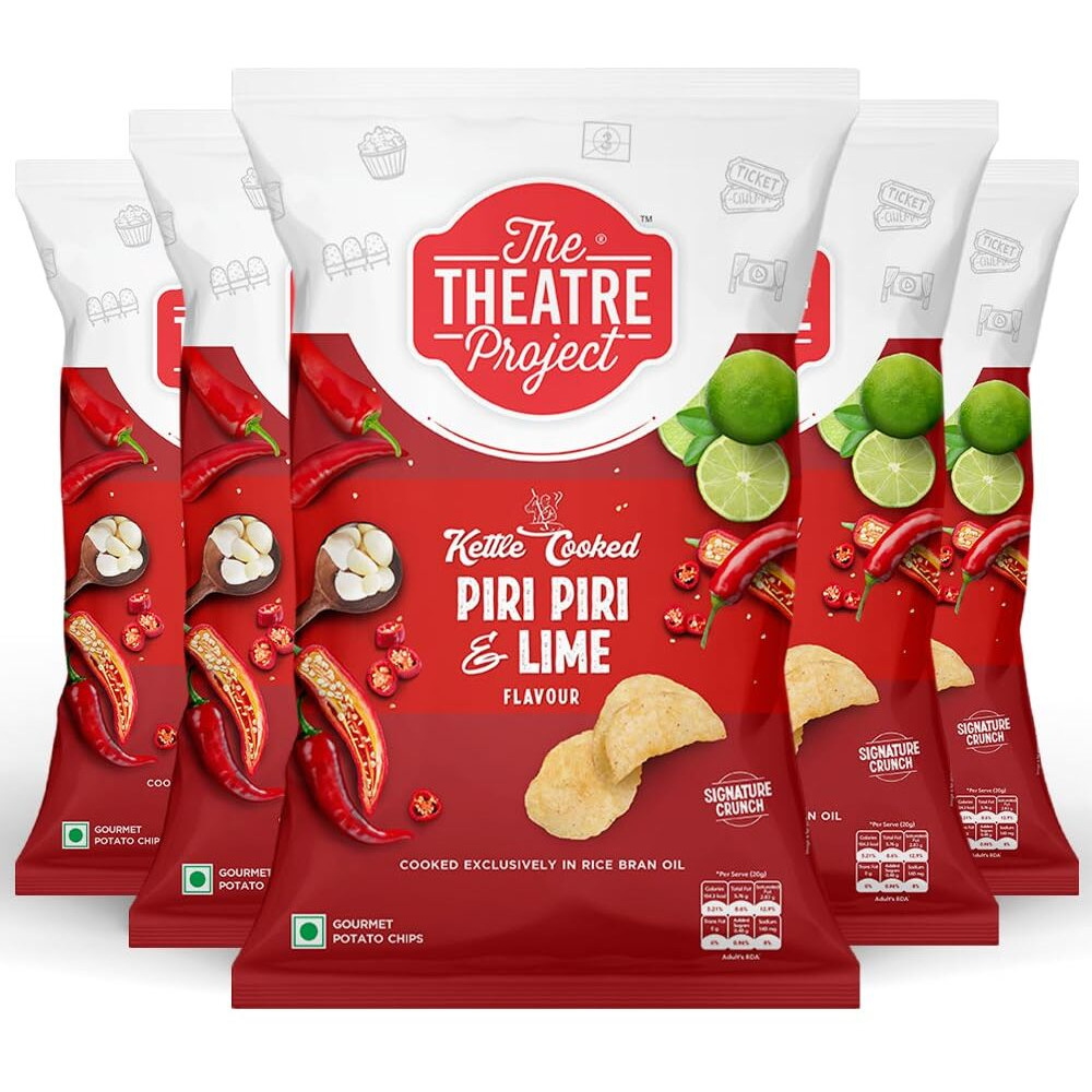 The Theatre Project Kettle Cooked Chips, Peri Peri & Lime Chips, Potato Chips, Combo Pack of 5 Pouch, 410g.
