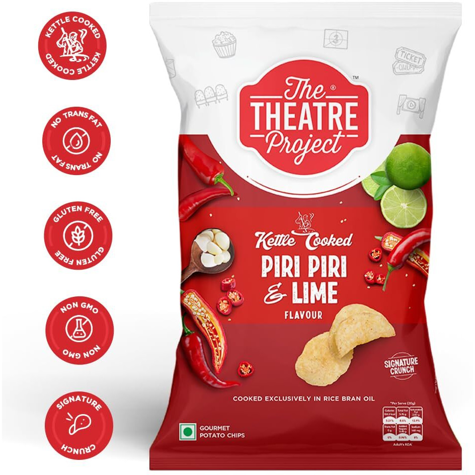 The Theatre Project Kettle Cooked Chips, Peri Peri & Lime Chips, Potato Chips, Combo Pack of 5 Pouch, 410g.