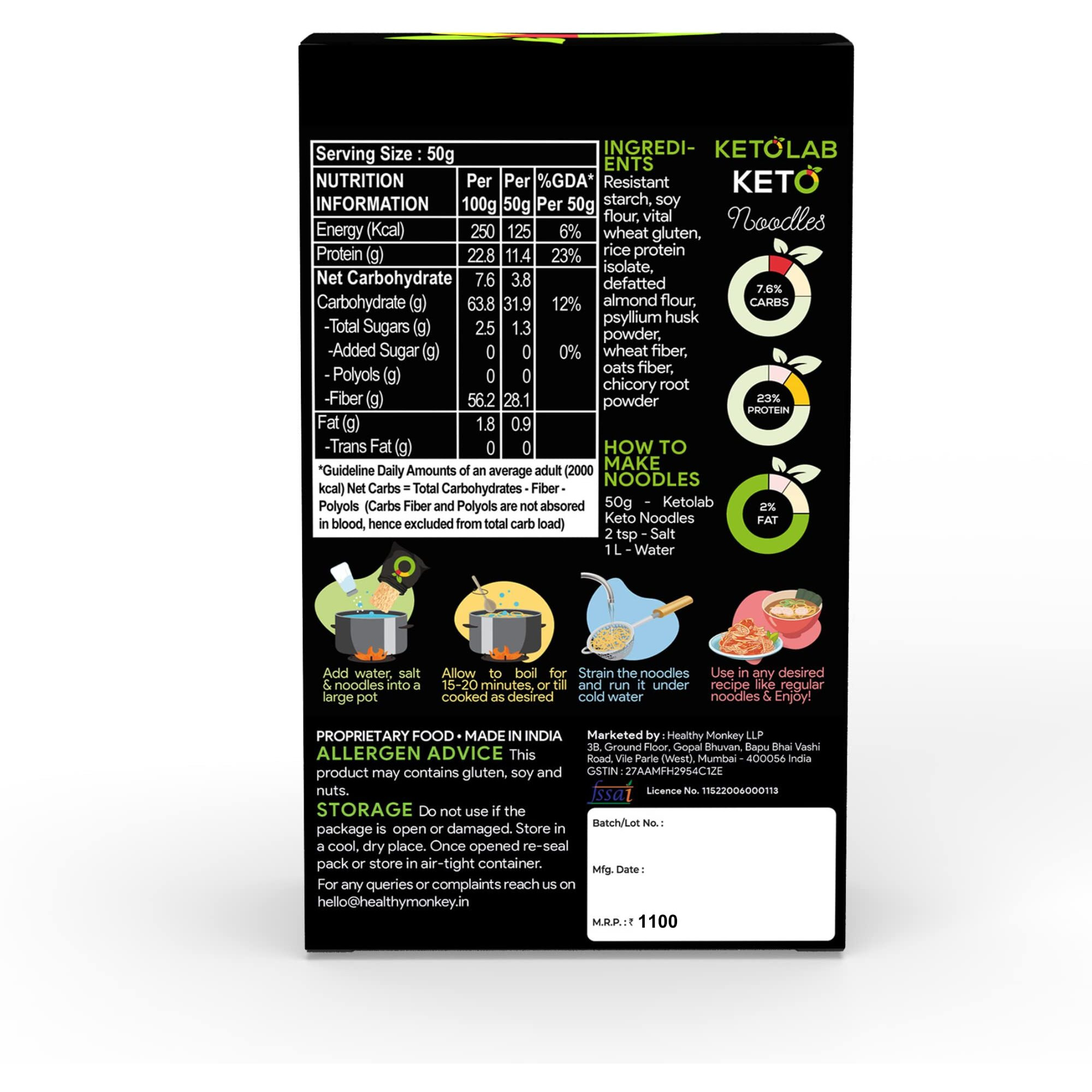 Ketolab Keto Noodles Spaghetti, 200 Gms (Pack of 2), 3.8g Net Carb & 23% High Protein/Serving, Identical to Regular Noodles, Low Carb, High Fibre, Low GI, Keto Diet, Weight Loss, Diabetic Friendly