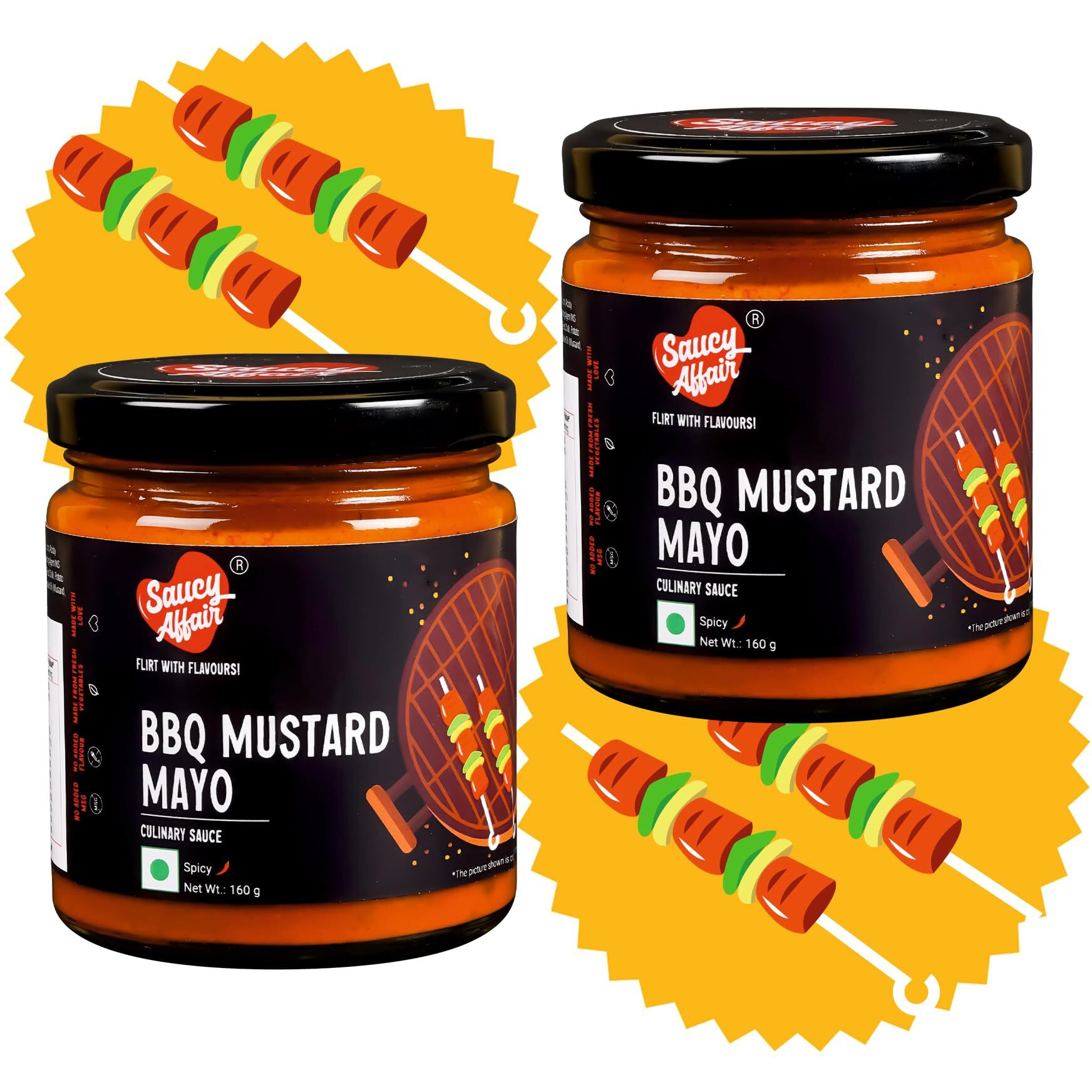 Saucy Affair Barbeque Sauce | Tandoori Sauce | Bbq Sauce | Barbecue Sauce | Sauce Combos | Spicy Smokey Chicken Grill & Paneer Bbq Mustard Mayo, Ready To Eat - 160 Gram, Regular (Set - 2)