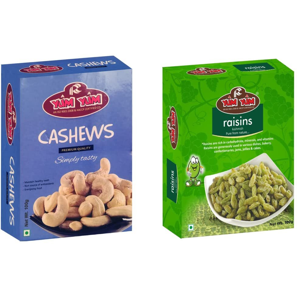 YUM YUM Premium Dry Fruits Combo Pack of 2 | Whole Raw Cashews Nut 100g, Dried Raisins Kishmish 100g | Total 200 g | Healthy Dry Fruits Snacks | Kaju, Kimis Dry Combo