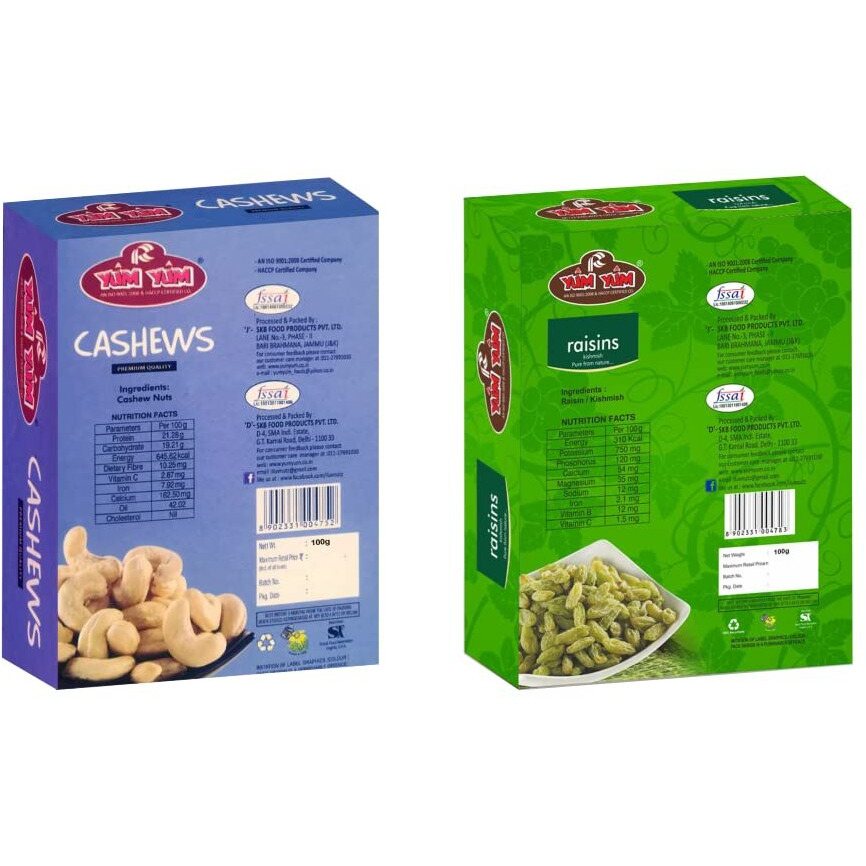 YUM YUM Premium Dry Fruits Combo Pack of 2 | Whole Raw Cashews Nut 100g, Dried Raisins Kishmish 100g | Total 200 g | Healthy Dry Fruits Snacks | Kaju, Kimis Dry Combo