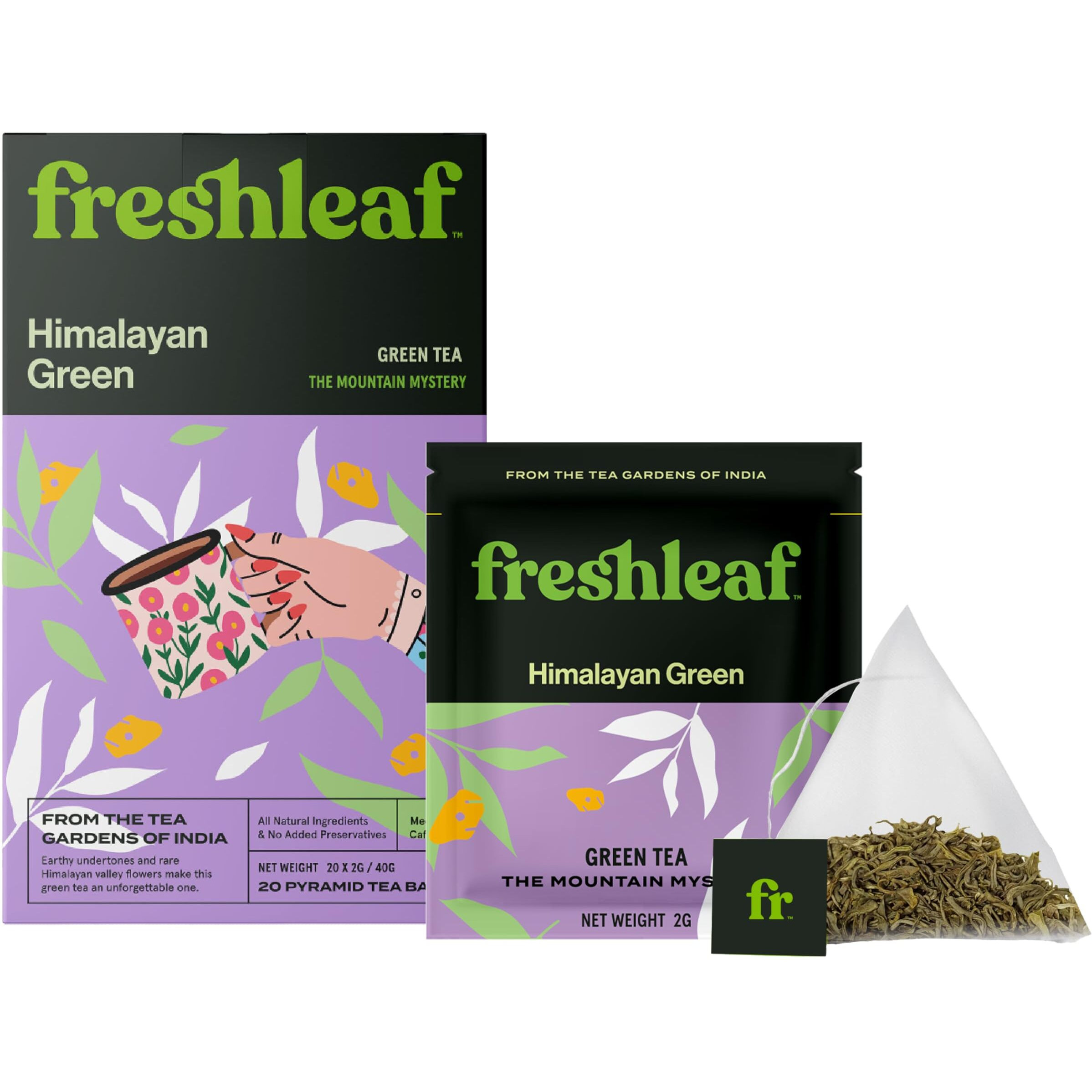 FRESHLEAF Green Tea Loaded With Anti-Oxidants, 100% Whole Long Leaf Naturally Handpicked Green Tea, 20 Pyramid Tea Bags Each Pack (Himalayan Green Tea, 40 Tea Bags) (20 Count (Pack of 1))