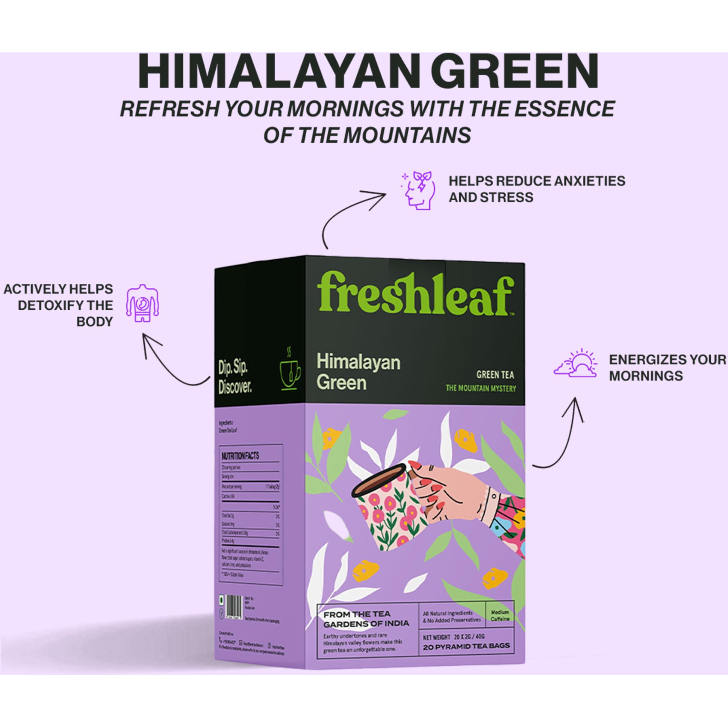 FRESHLEAF Green Tea Loaded With Anti-Oxidants, 100% Whole Long Leaf Naturally Handpicked Green Tea, 20 Pyramid Tea Bags Each Pack (Himalayan Green Tea, 40 Tea Bags) (20 Count (Pack of 1))