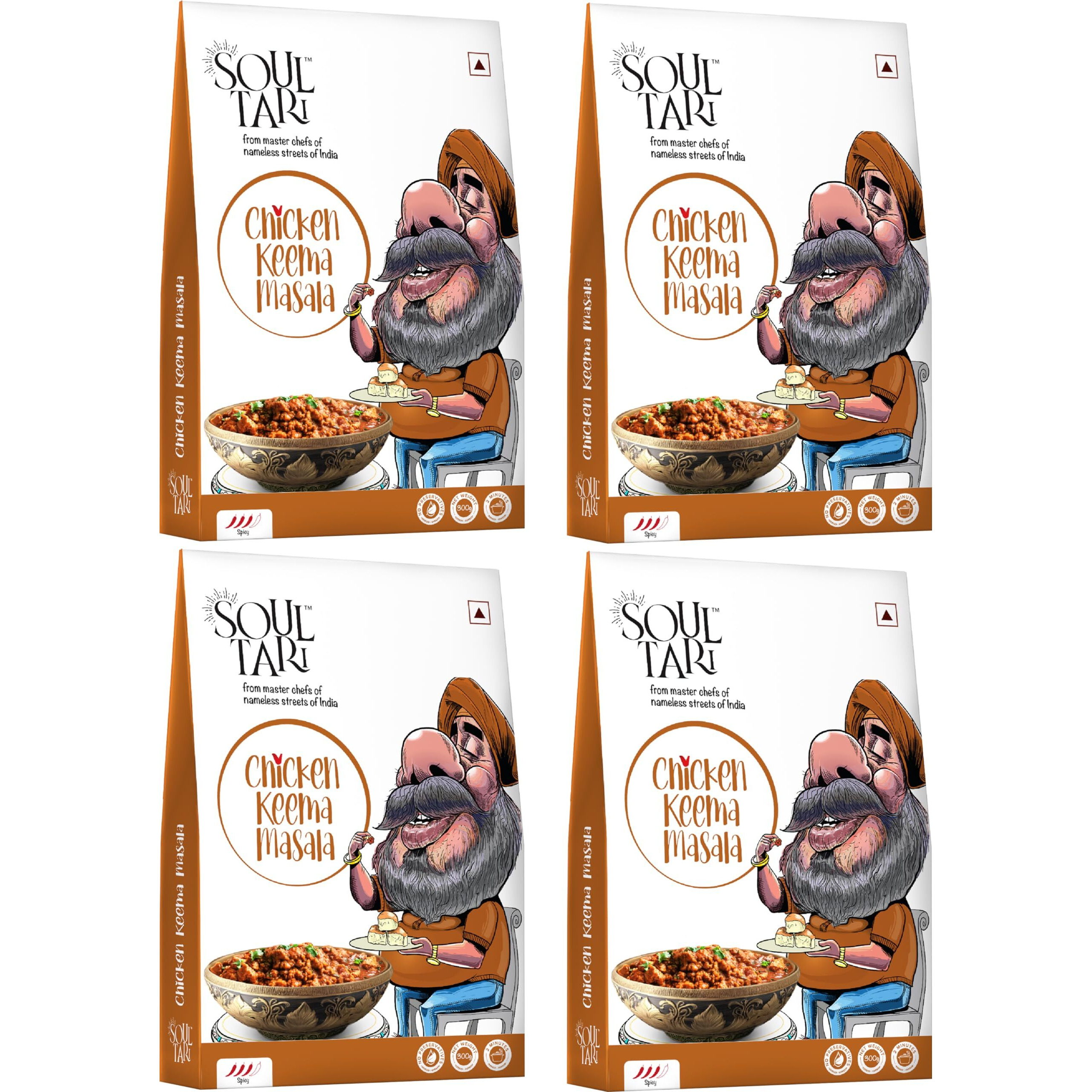 SOULTARI Ready To Eat Chicken Keema Masala | Spicy Chicken Keema Cooked Dhaba Style | Sufficent For Two | Just Heat And Eat | - 300 Gram |Pack Of 4|