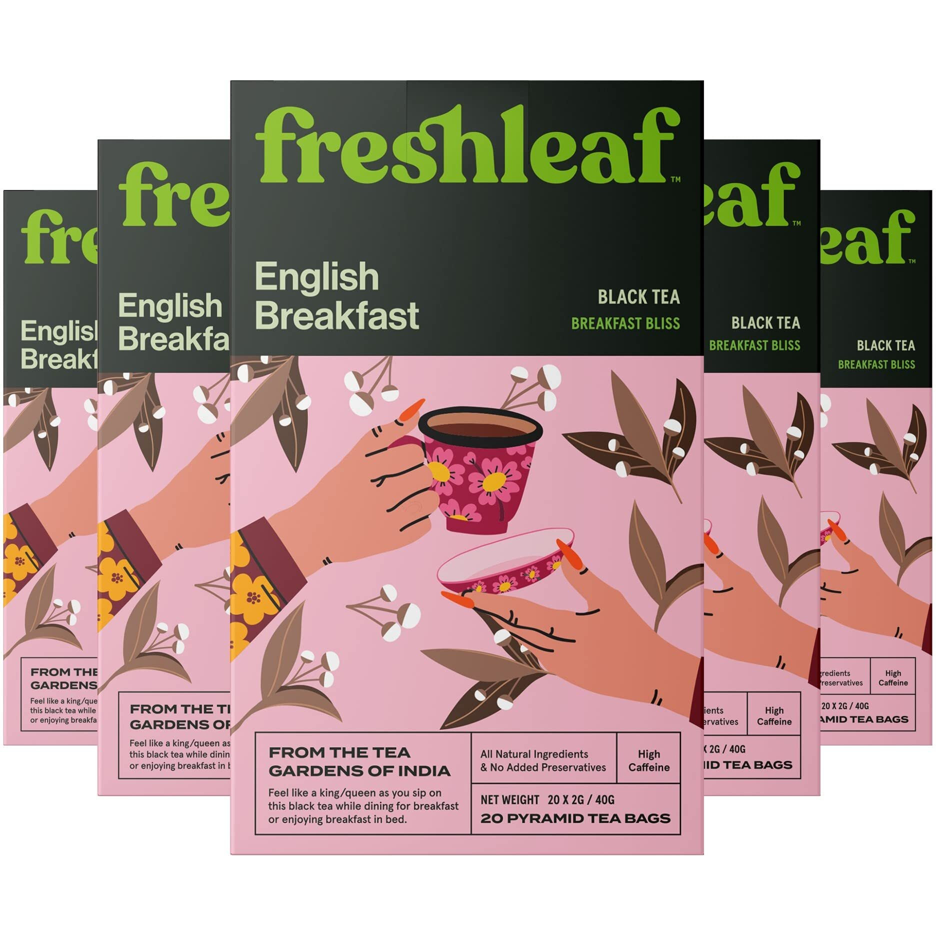 FRESHLEAF English Breakfast Premium Black Tea Made With Finest Tea Leaves from the State of Assam, Premium Black Tea, Rich Flavour, 100% Whole Long Leaf, 100 Pyramid Tea Bags, 200 Grams