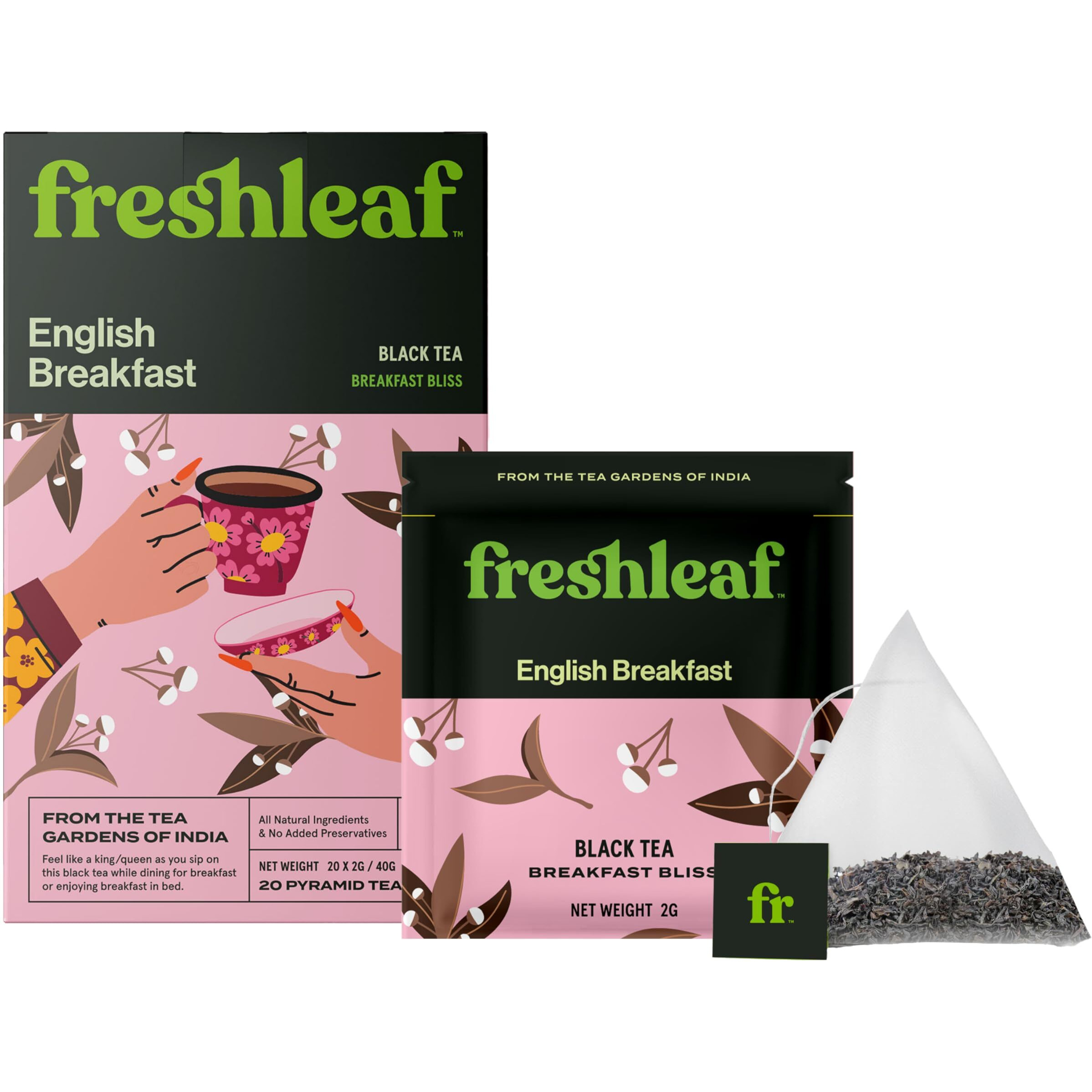 FRESHLEAF English Breakfast Premium Black Tea Made With Finest Tea Leaves from the State of Assam, Premium Black Tea, Rich Flavour, 100% Whole Long Leaf, 100 Pyramid Tea Bags, 200 Grams