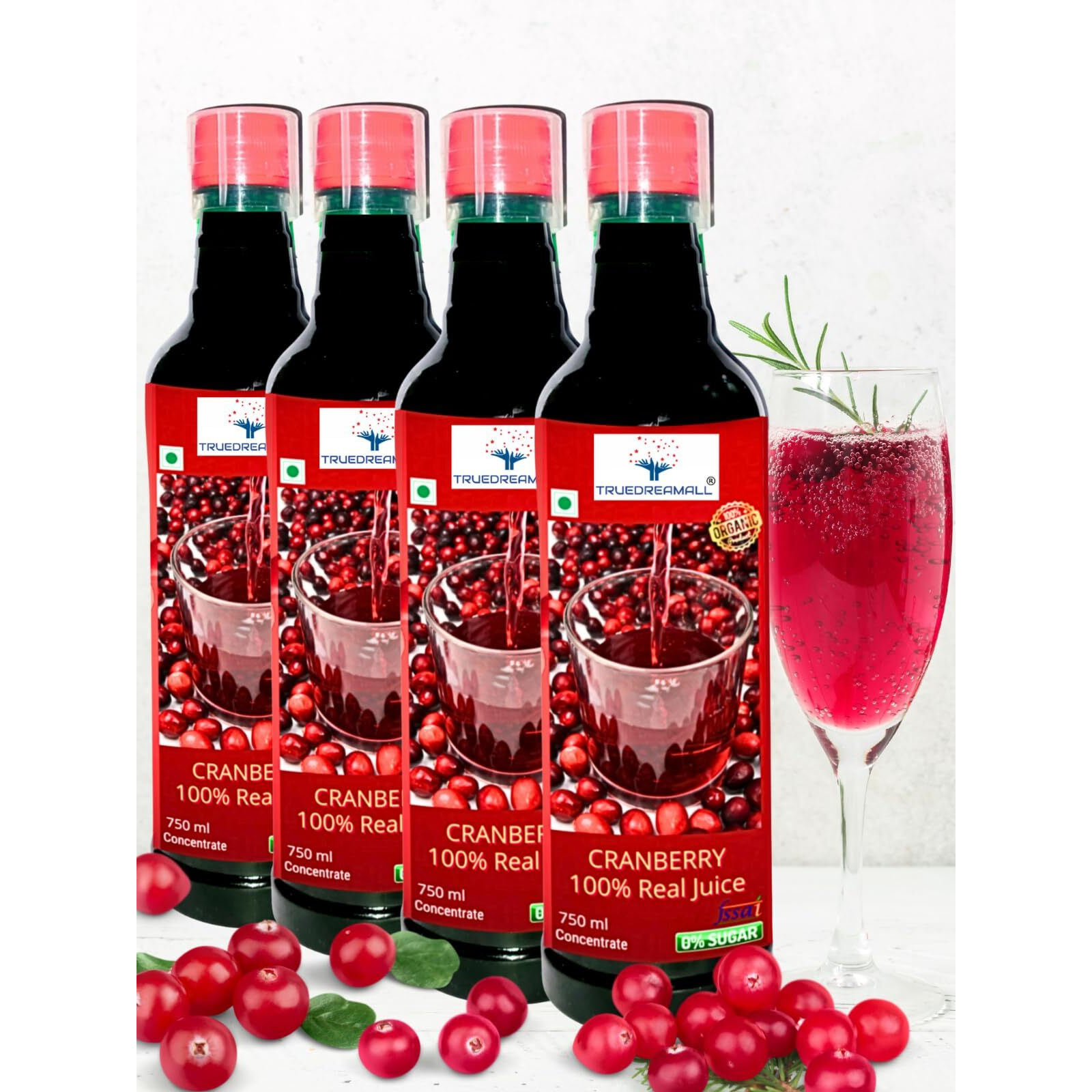 TRUEDREAMALL Cranberry Juice- Pure Quality, Unsweetened, Pure & Organic Sugar free (750 ml Concentrated) Pack of 4