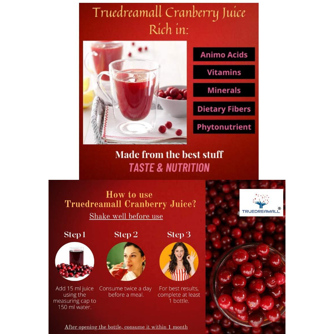 TRUEDREAMALL Cranberry Juice- Pure Quality, Unsweetened, Pure & Organic Sugar free (750 ml Concentrated) Pack of 4