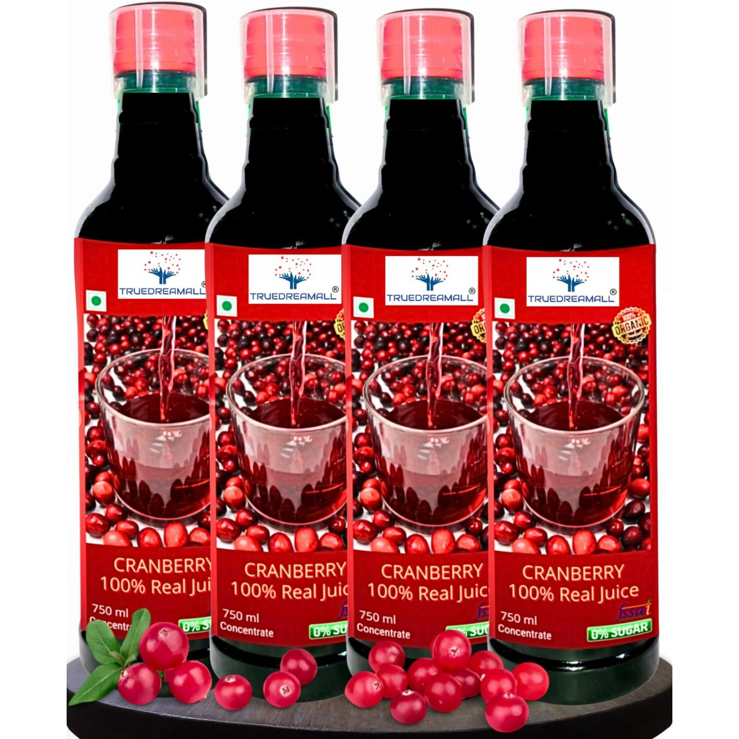 TRUEDREAMALL Cranberry Juice- Pure Quality, Unsweetened, Pure & Organic Sugar free (750 ml Concentrated) Pack of 4