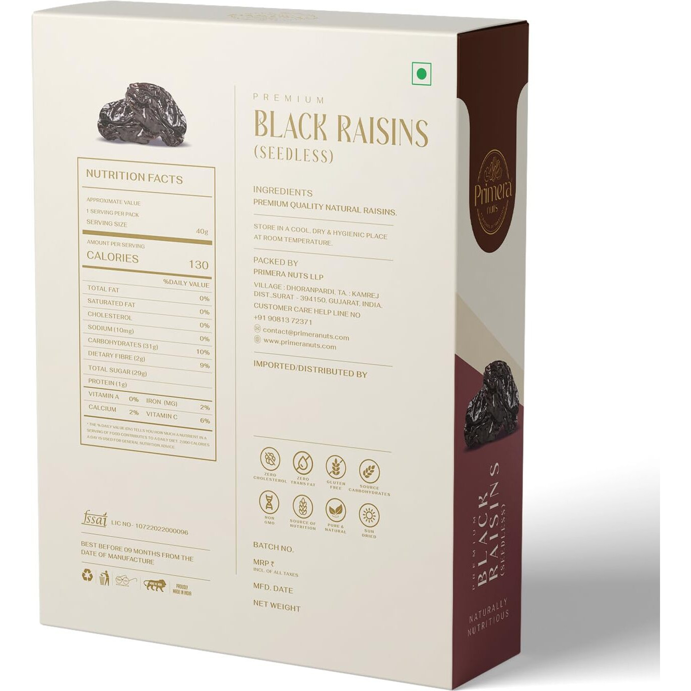 PRIMERA NUTS Premium Tasty Black Raisins without Seeds (250 GM) | Jumbo Naturally Nutritious Delicious Healthy Snack (Seedlees)