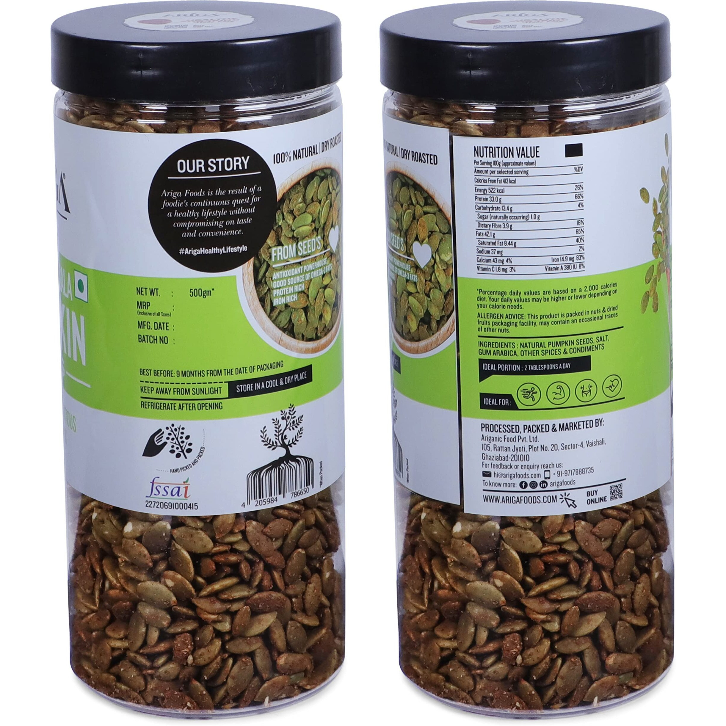 Ariga Foods Pumpkin Seeds For Weight Loss Roasted With Indian Masala Immunity Booster in Pet Jar 1kg | Rich Source of Omega 3 | Highly Nutritious Snack | Rich in Protein, Dietary Fibre, Zinc & Magnesium (2x500g each)