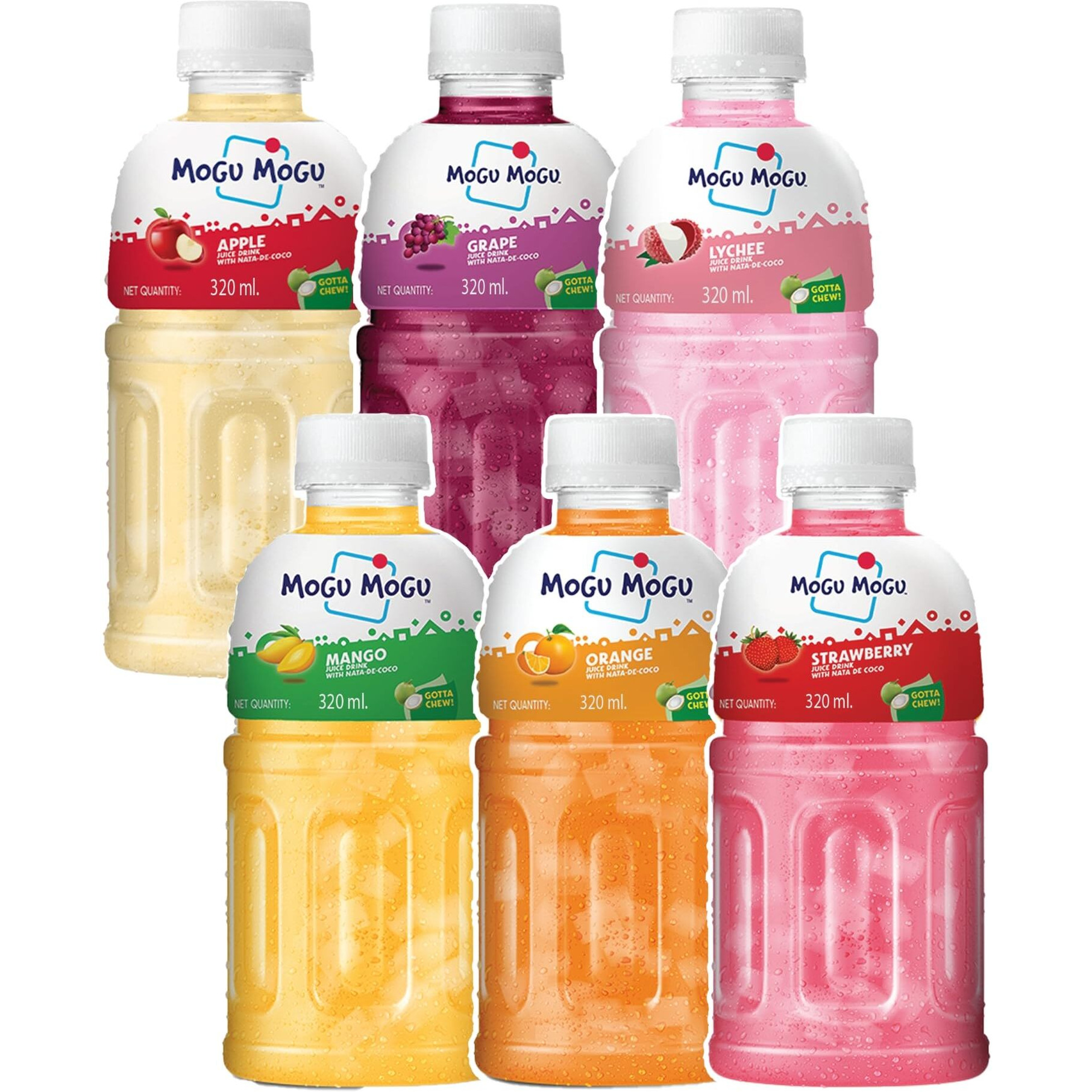 Mogu Mogu Multi Flavour Mix Fruit Juice With 25% Nata De Coco | Energy Booster Drink | Full Of Natural Fruit Fibres | No Added Preservatives And Colours - 320Ml(Combo Of 6)