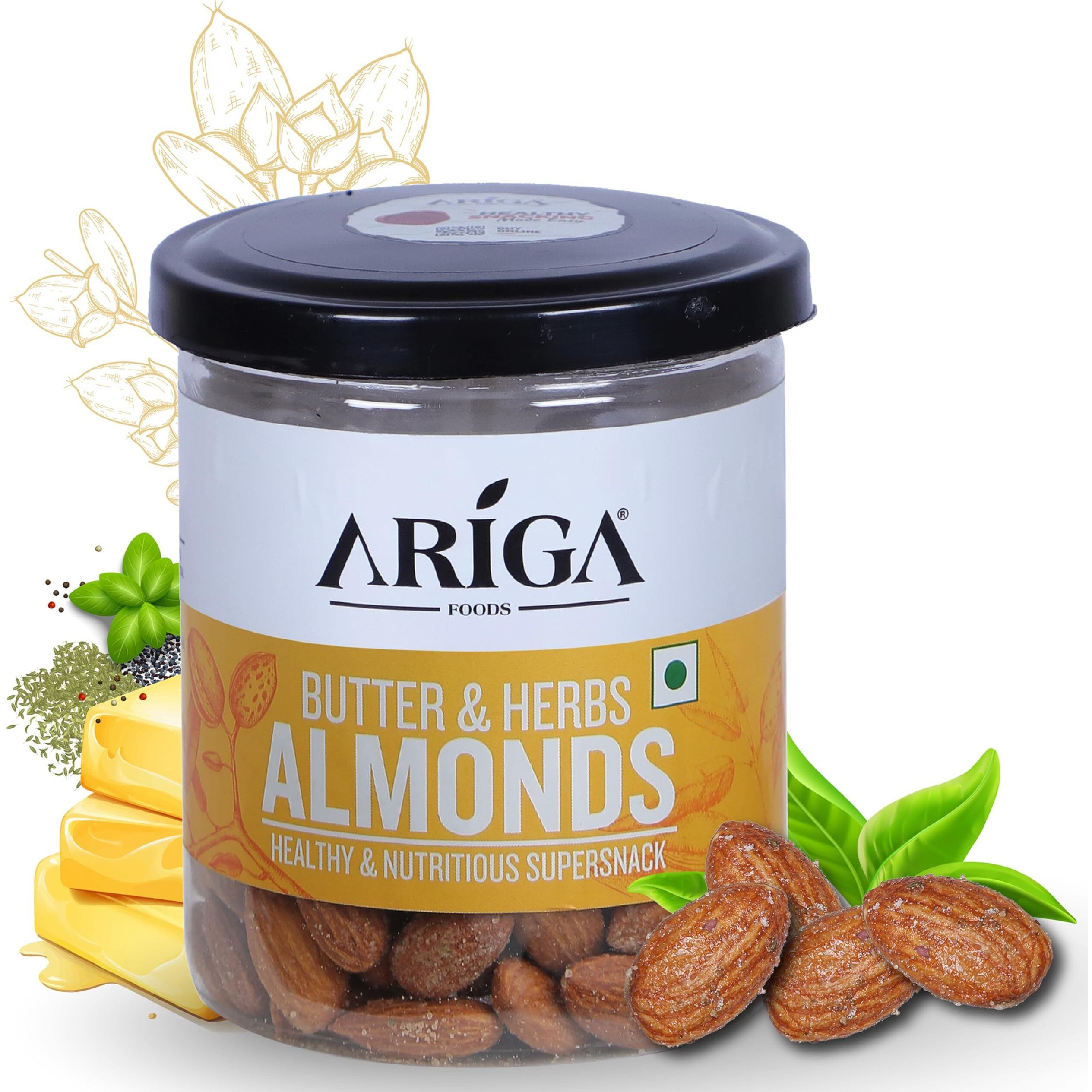 Ariga Foods Roasted Almonds Butter & Herbs Flavoured Badam - Bold Size Rich in Protein and Increase Stamina | Real Nuts | Whole Natural Badam Dry Fruits (Pet Can 200g)