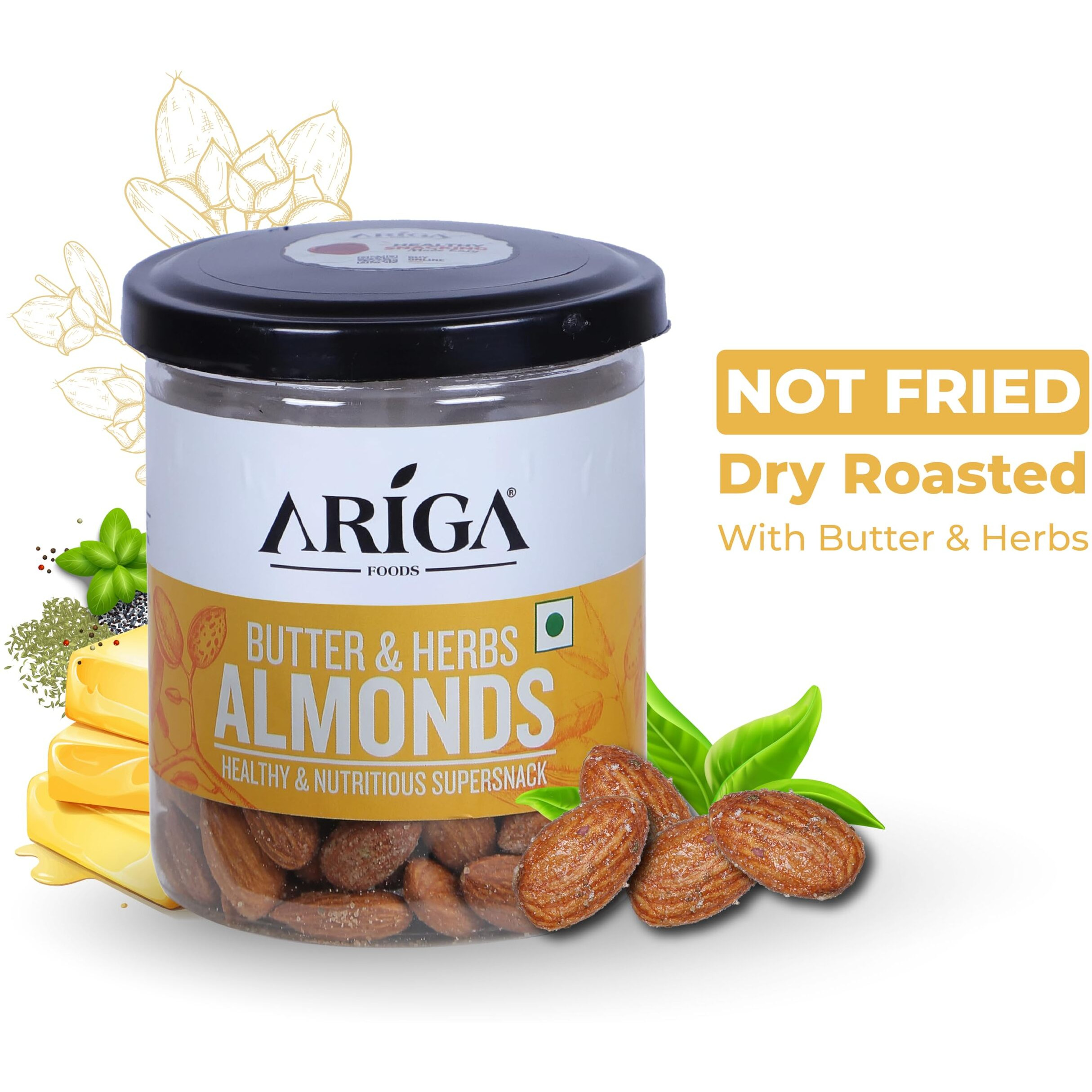 Ariga Foods Roasted Almonds Butter & Herbs Flavoured Badam - Bold Size Rich in Protein and Increase Stamina | Real Nuts | Whole Natural Badam Dry Fruits (Pet Can 200g)