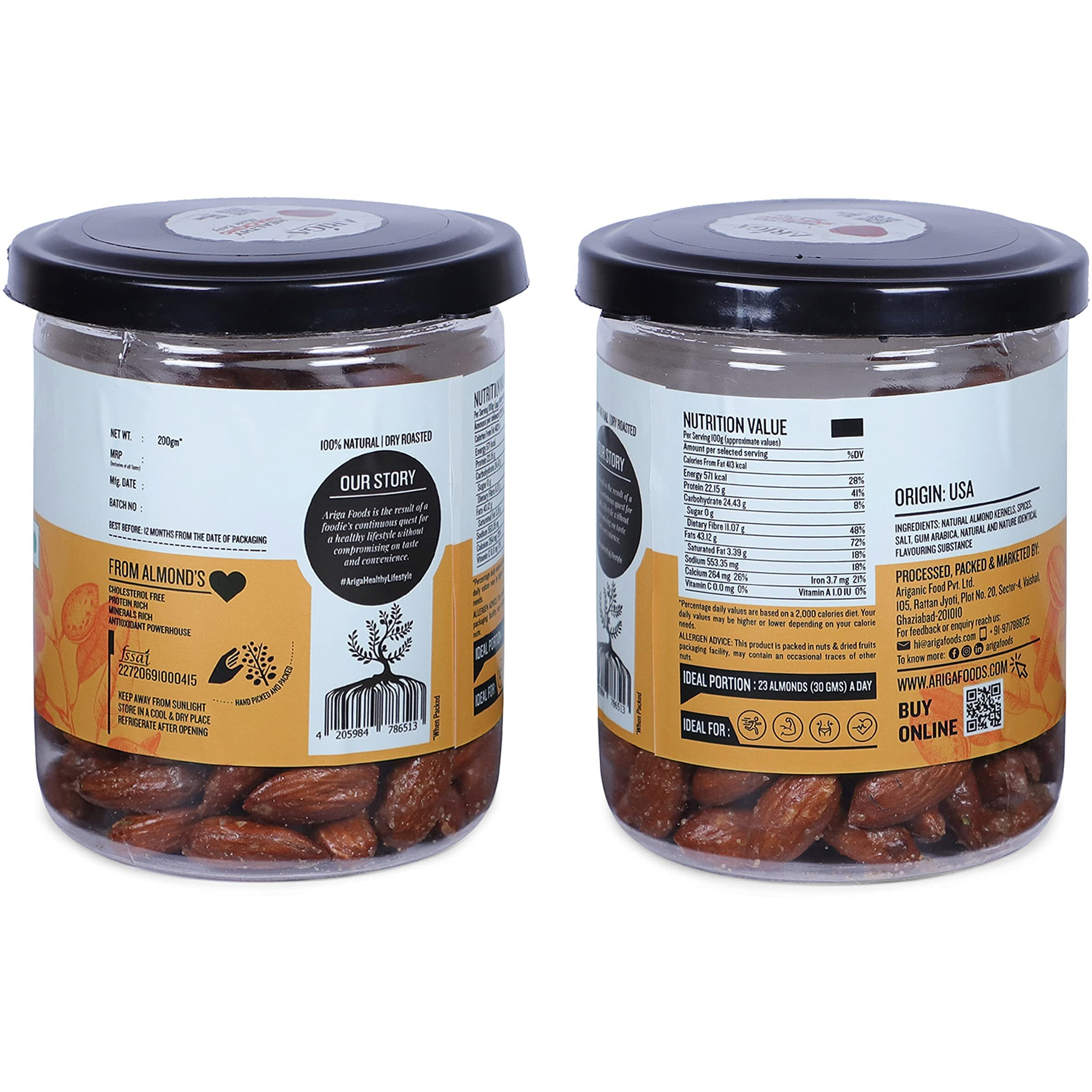 Ariga Foods Roasted Almonds Butter & Herbs Flavoured Badam - Bold Size Rich in Protein and Increase Stamina | Real Nuts | Whole Natural Badam Dry Fruits (Pet Can 200g)