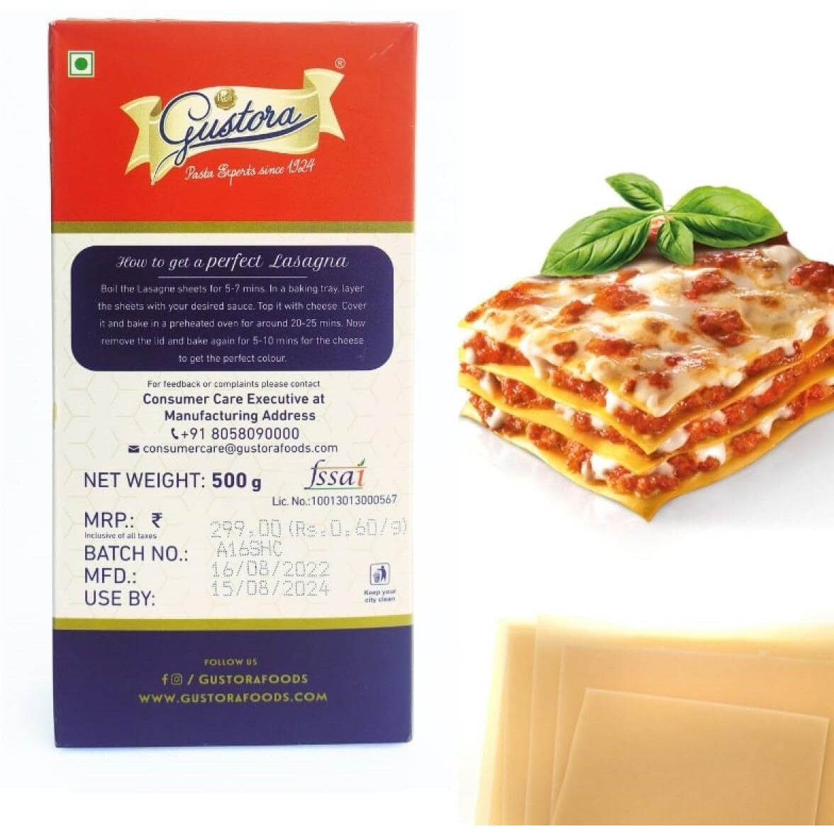 Gustora Ready To Eat Lasagne Luscious Pasta Sheets Of Lasagne I 100% Durum Wheat Semolina Lasagne Sheets I Gluten Free I Vegetarian Instant Lasagne, 500 Gm