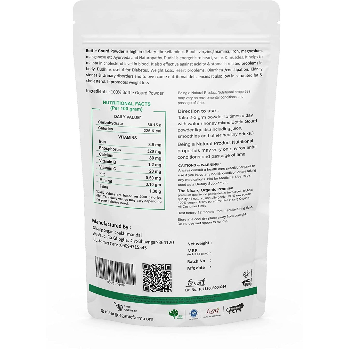 NISARG ORGANIC FARM Bottle Gourd Powder Lauki Doodhi Powders Pure Organic Natural Healthy and Nutritious Traditional Method Made Add in Protein Shake and Juices (1Kg)