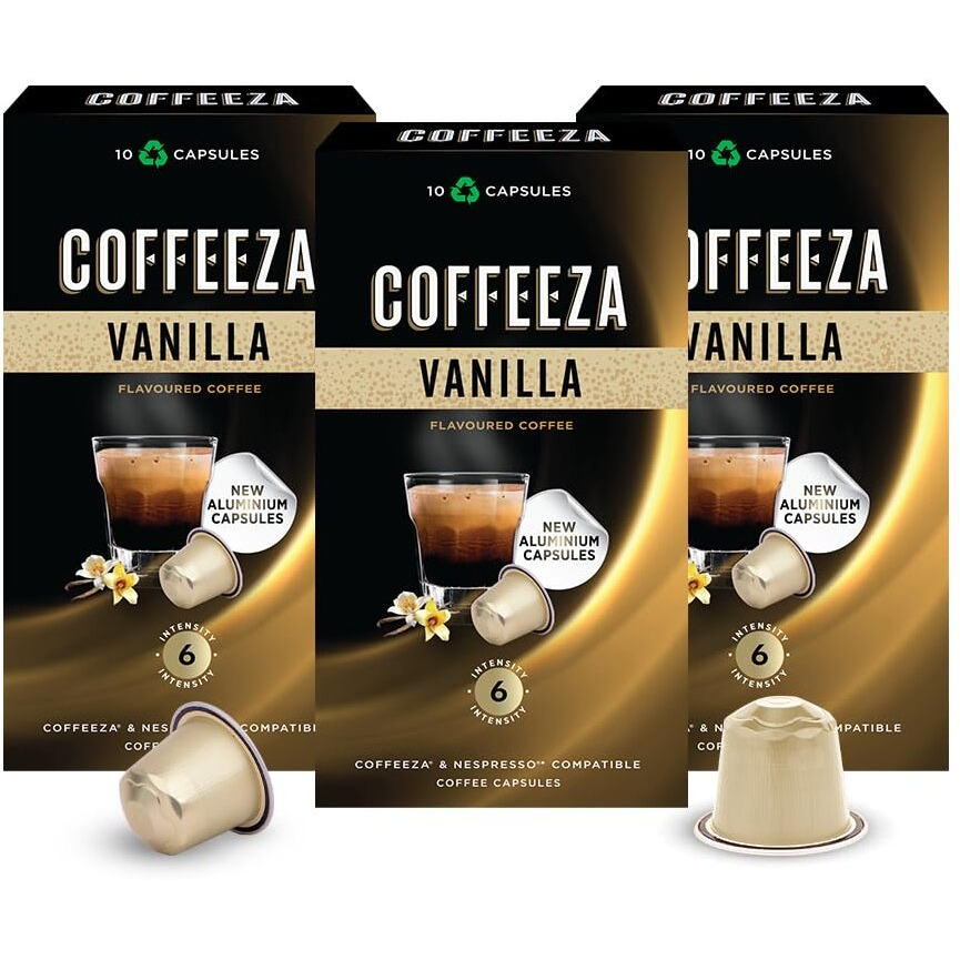 Coffeeza Vanilla Flavoured Coffee Capsules, Intensity - 6 |Aluminium Coffee Pods |100% Arabica Coffee | Box of 3 (30 Capsules)