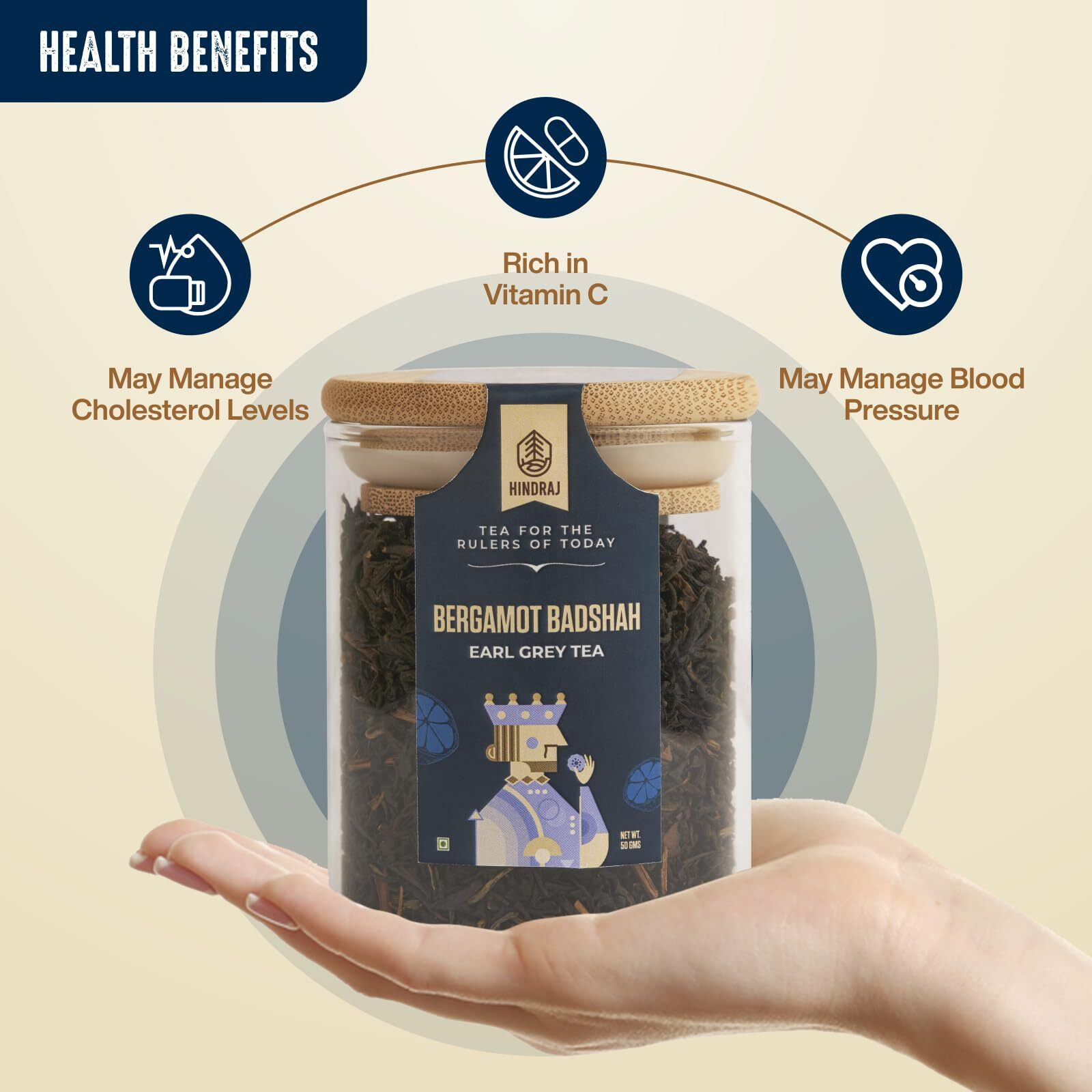 Hindraj Earl Grey Herbal Tea (Bergamot Badshah) | Loose Tea Leaves | Blended with 100% Natural Bergamot Oil | Citrusy and Refreshing | Brewed Hot or Iced Tea | No Added Sugar (50 g - Pack of 1)