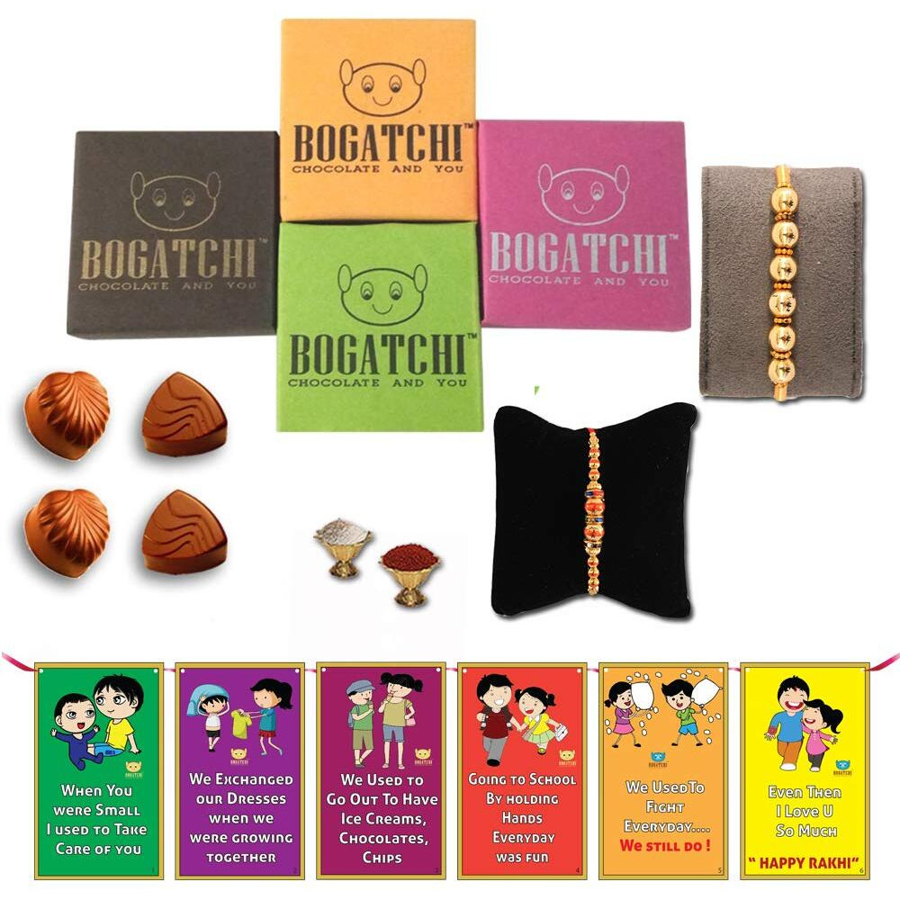 BOGATCHI Rakhi for Brother with Chocolates -Set of 2 Goldplated Designed Rakhi for Brother + Free 4 Piece Chocolate + Free roli chawal+ Bro sis Greeting Card