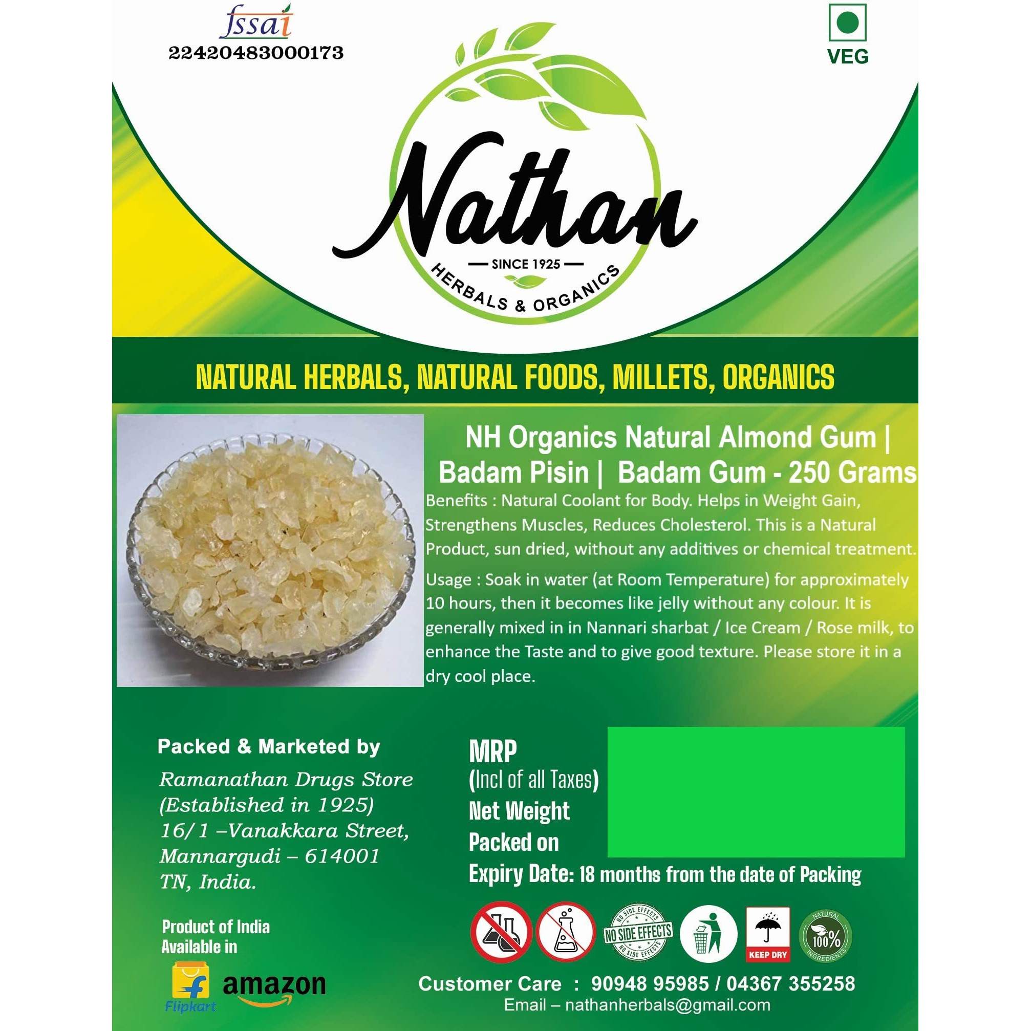 NH Organics Natural Almond Gum | Badam Pisin | Badam Gum - 250 Grams