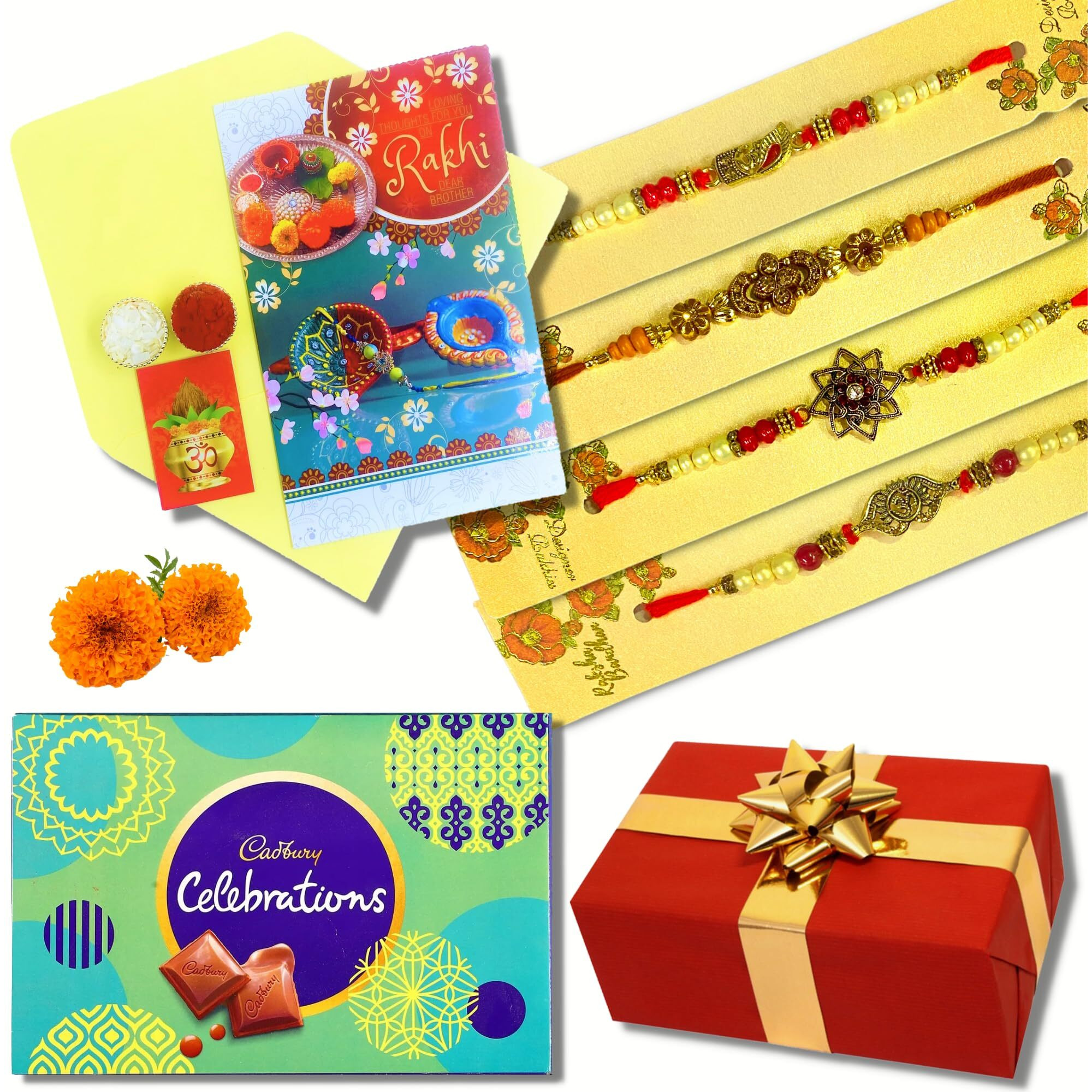 Almoda Creations 4 Pieces Handpicked Elegant Rakhi with Cadbury Celebration Box, Roli Moli, Kalawa, Rakhi Greeting Card & Rakhi GIft Box, 200 grams