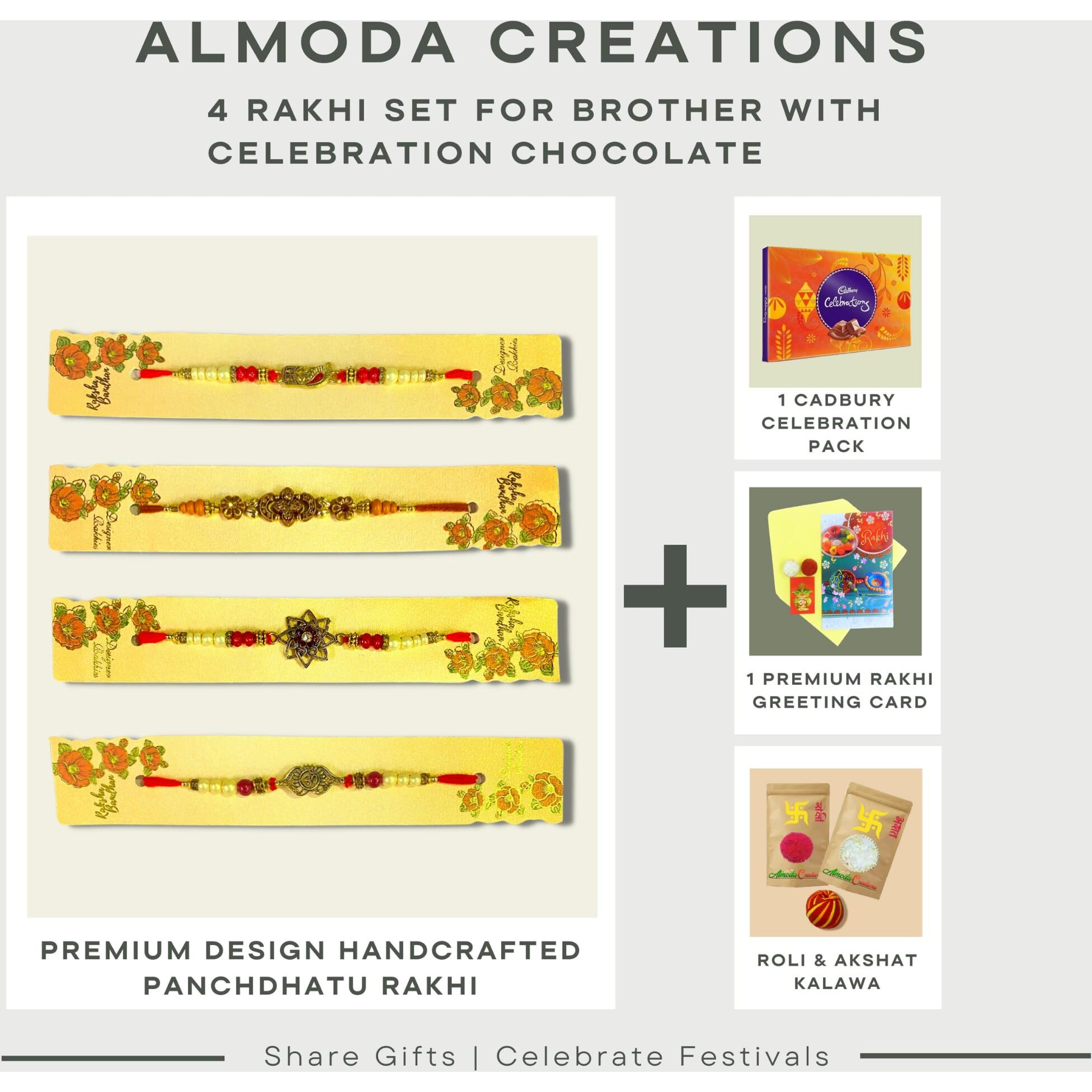Almoda Creations 4 Pieces Handpicked Elegant Rakhi with Cadbury Celebration Box, Roli Moli, Kalawa, Rakhi Greeting Card & Rakhi GIft Box, 200 grams