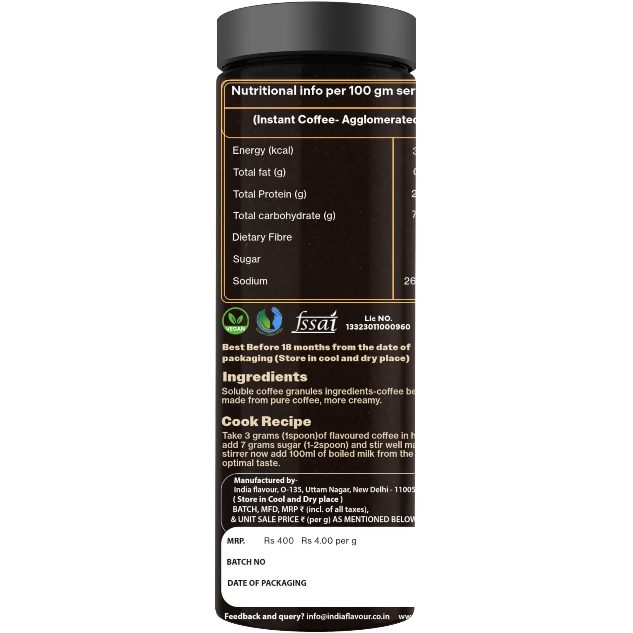 India Flavor Cappuccino Coffee | Creamy, Smooth Instant Coffee Powder | 200 gm coffee, 100 Servings