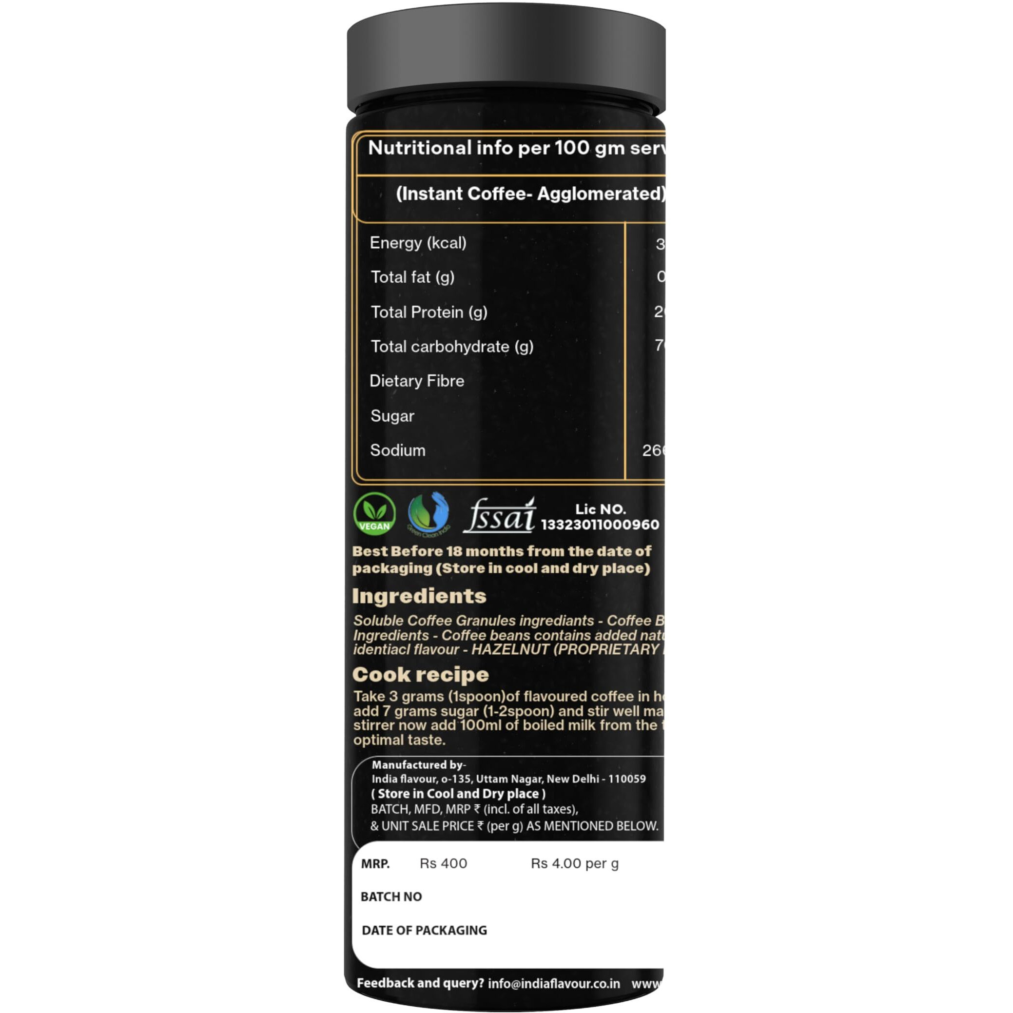 India Flavor Hazelnut Coffee | Rich Instant Coffee Powder, No Chicory | 200 gm coffee, 100 Servings