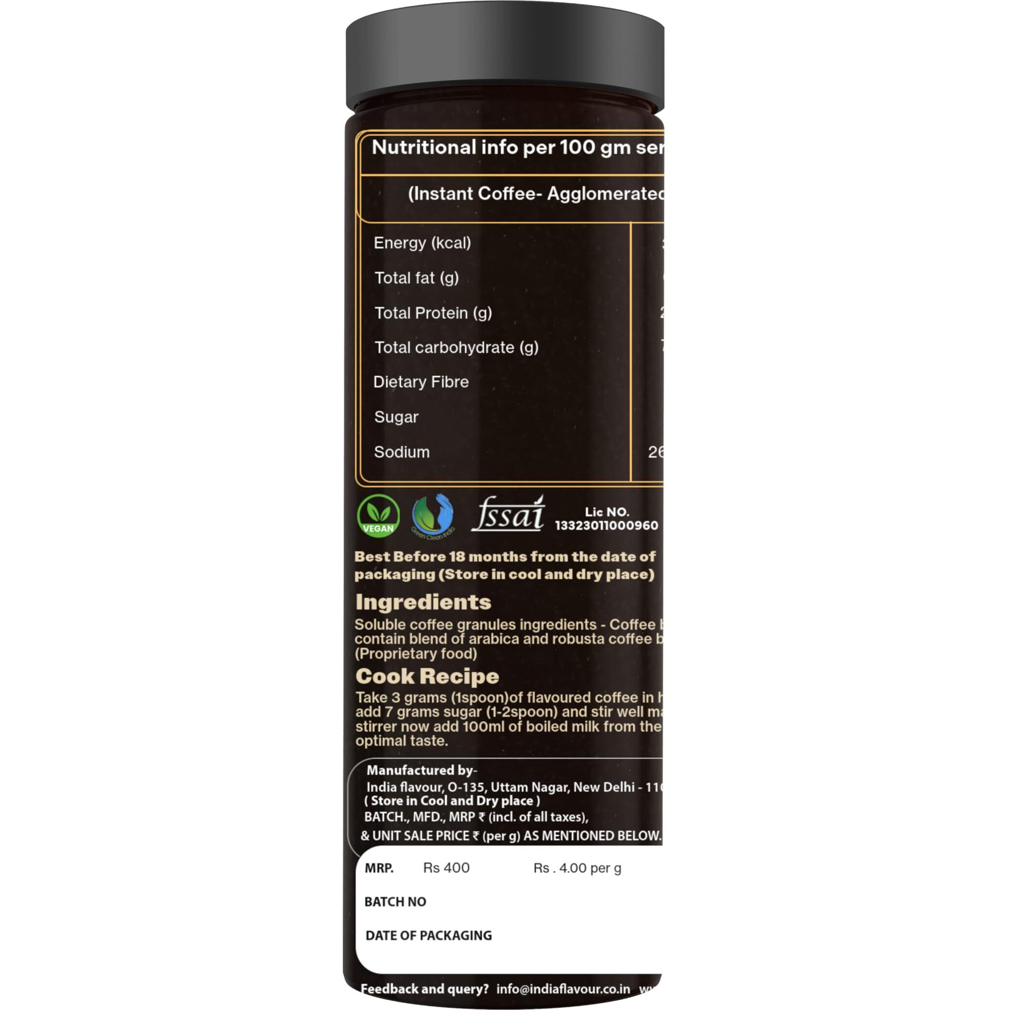 India Flavor Pure Coffee | 100% Pure Instant Coffee Powder | Energizing Coffee Blend, No Additives (100 Gram Each, Pack of 2)