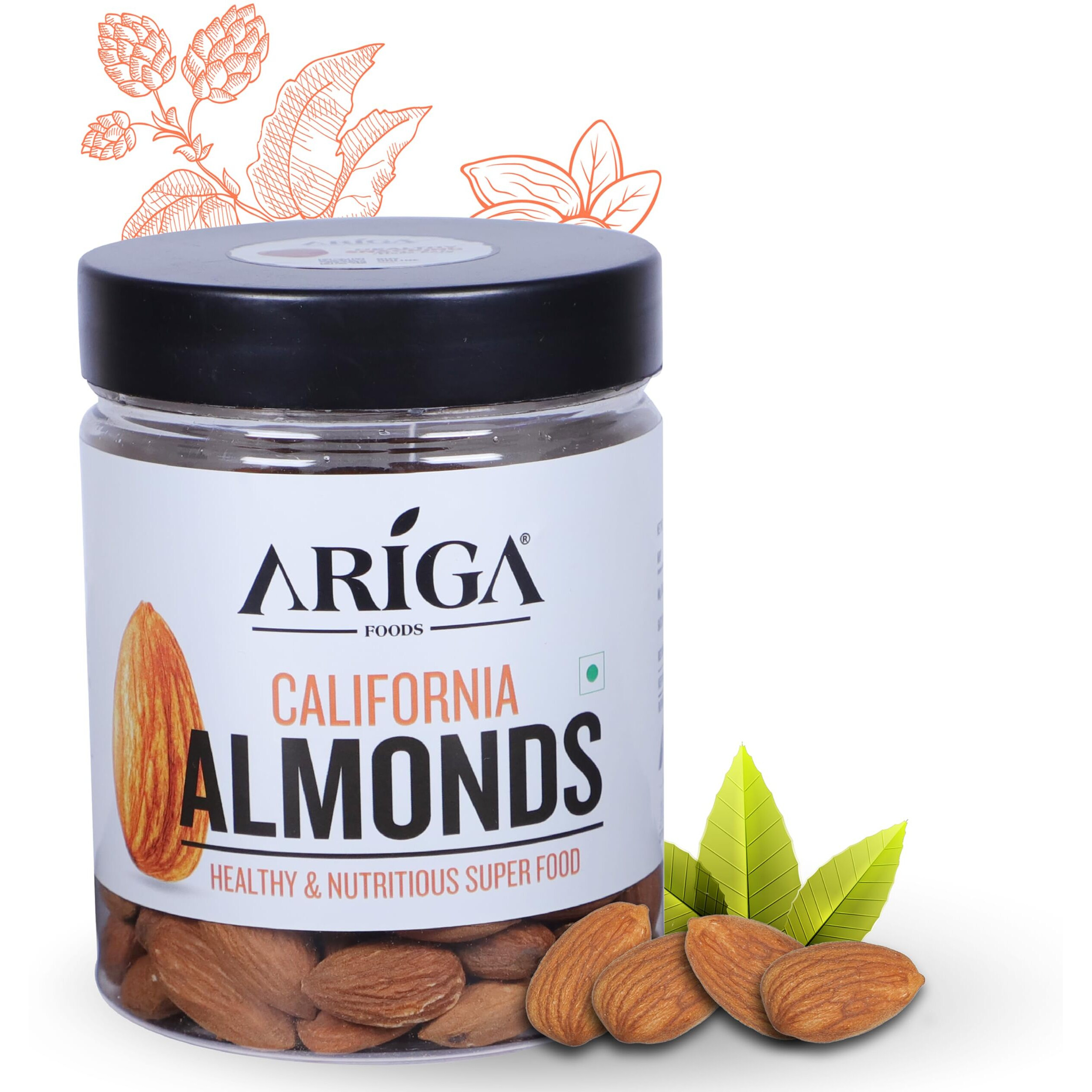 Ariga Food Natural Premium California Almonds | Dry Fruits | Pure Quality Badam Giri 200g Jar Pack | Badam - Bold Size Rich in Protein and Increase Stamina | Real Nuts | Whole Natural Badam Dry Fruits