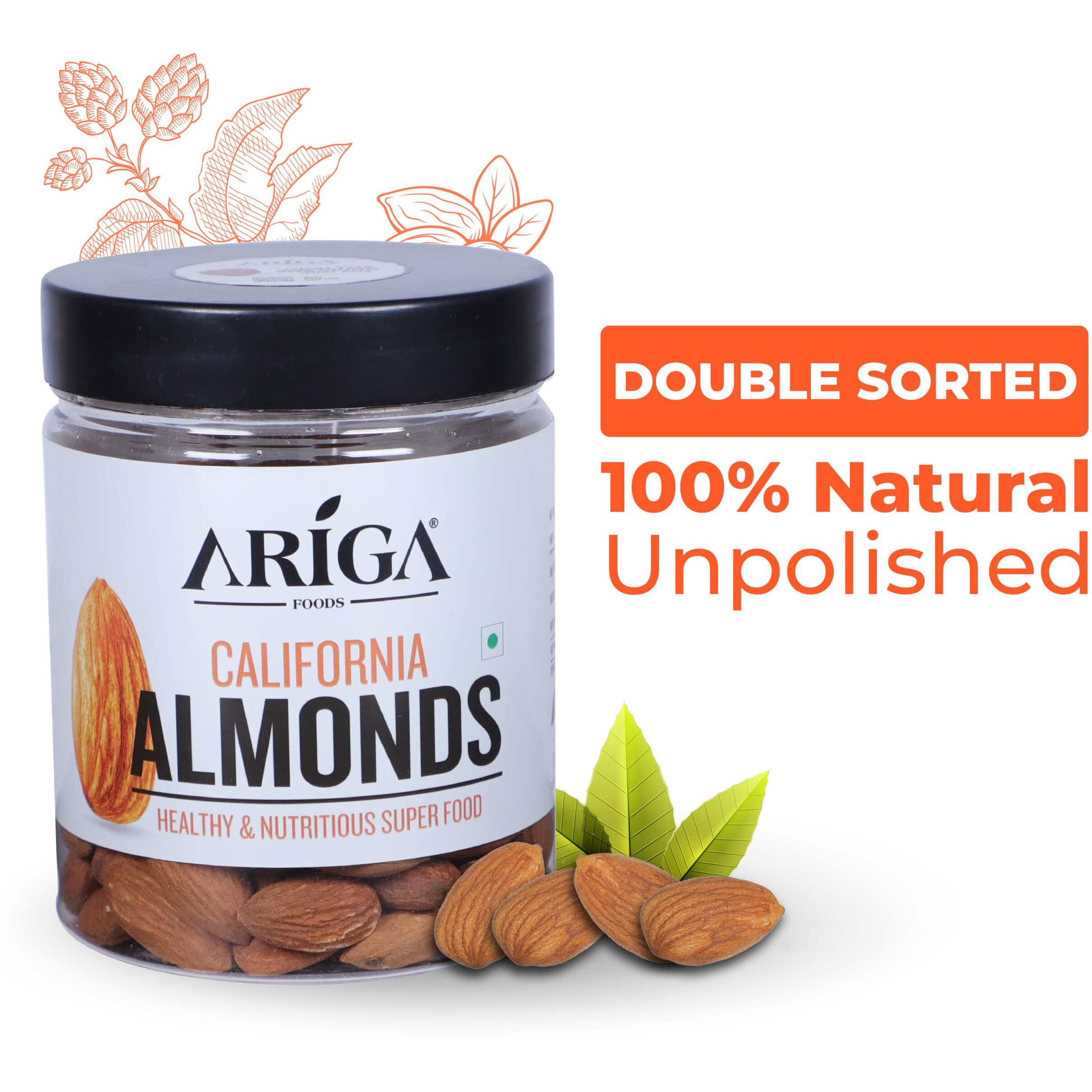Ariga Food Natural Premium California Almonds | Dry Fruits | Pure Quality Badam Giri 200g Jar Pack | Badam - Bold Size Rich in Protein and Increase Stamina | Real Nuts | Whole Natural Badam Dry Fruits