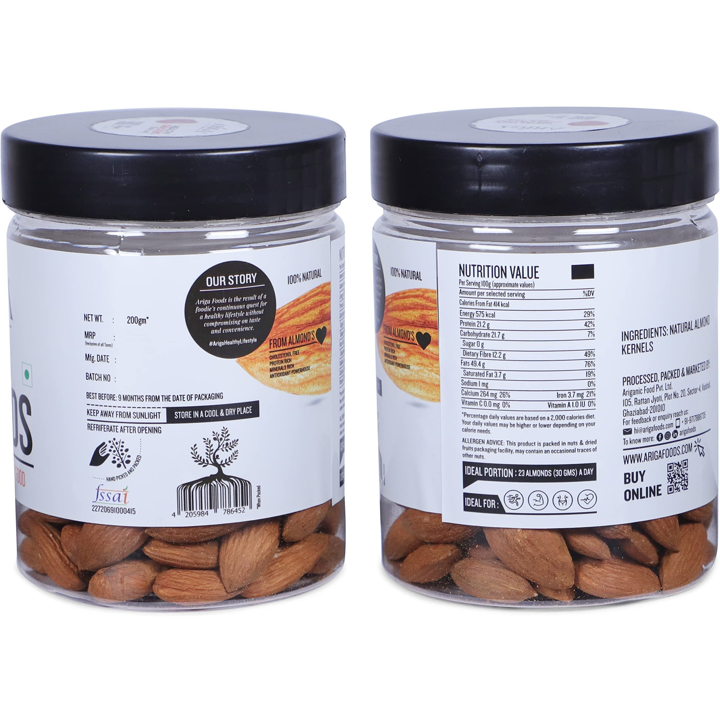 Ariga Food Natural Premium California Almonds | Dry Fruits | Pure Quality Badam Giri 200g Jar Pack | Badam - Bold Size Rich in Protein and Increase Stamina | Real Nuts | Whole Natural Badam Dry Fruits