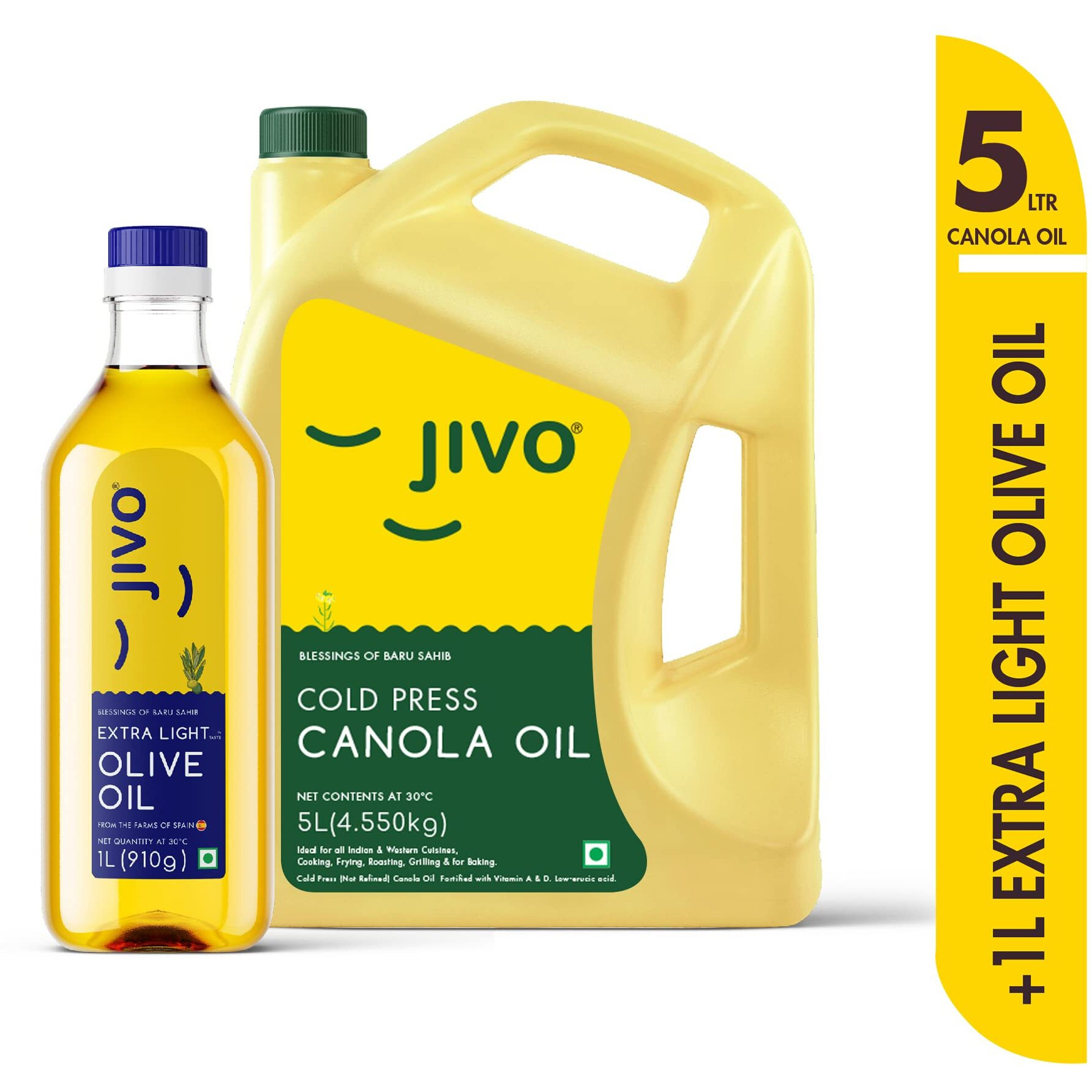 Jivo Canola Cold Press Edible Oil 5 Litre with Jivo Extra Light Olive Oil 1 Litre | Healthy Cooking Oil for Daily Use | Ideal for Roasting, Frying, Baking All Types of Cuisines | Pack of 6 Litres