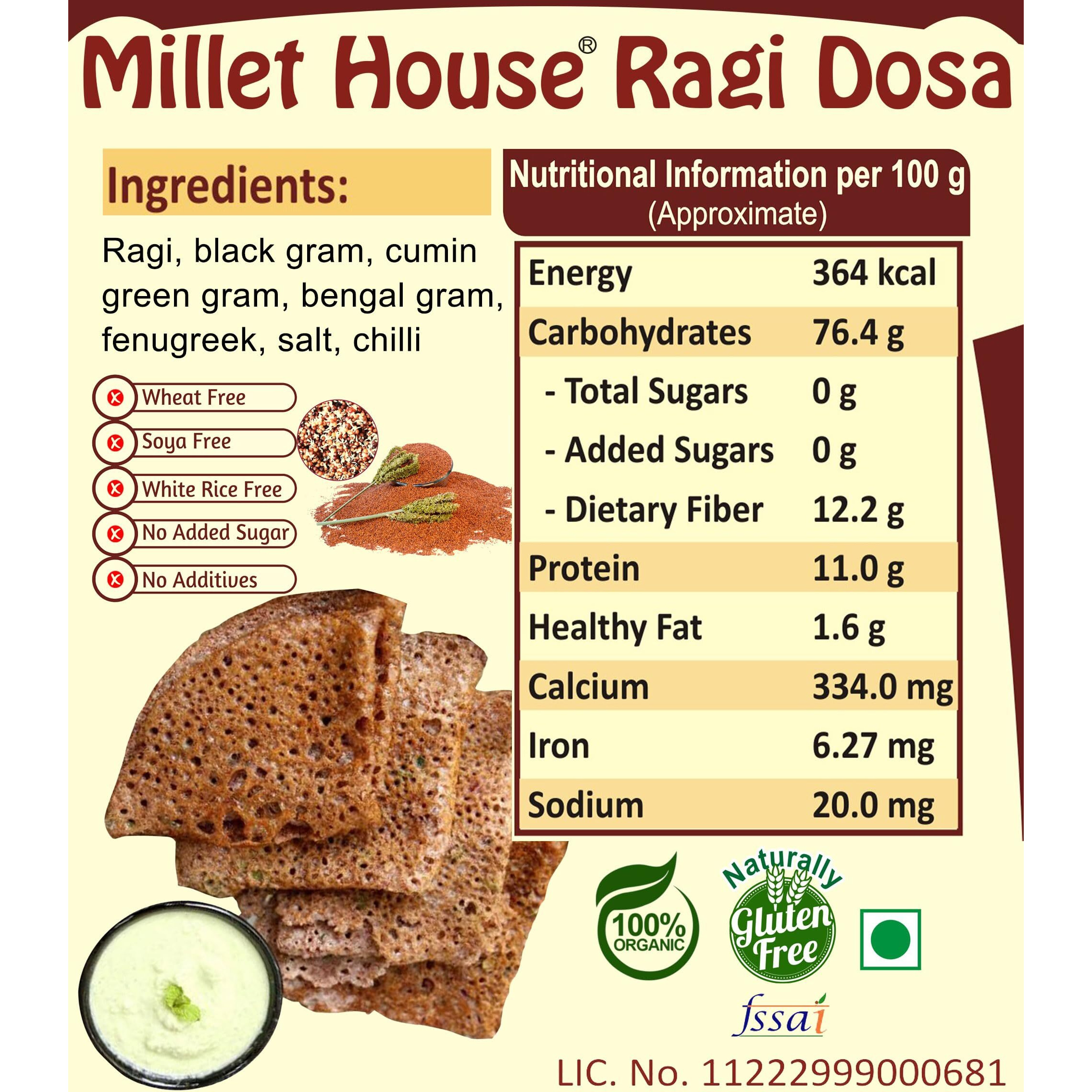 Millet House Instant Ragi Dosa Mix | 100% Organic Natural Healthy Sprouted Ragi Dosa Mix | Certified Ready to Use Ragi Dose Mixing | Instant Ragi Dosa Mix (Pack of 1, 400 Grams)
