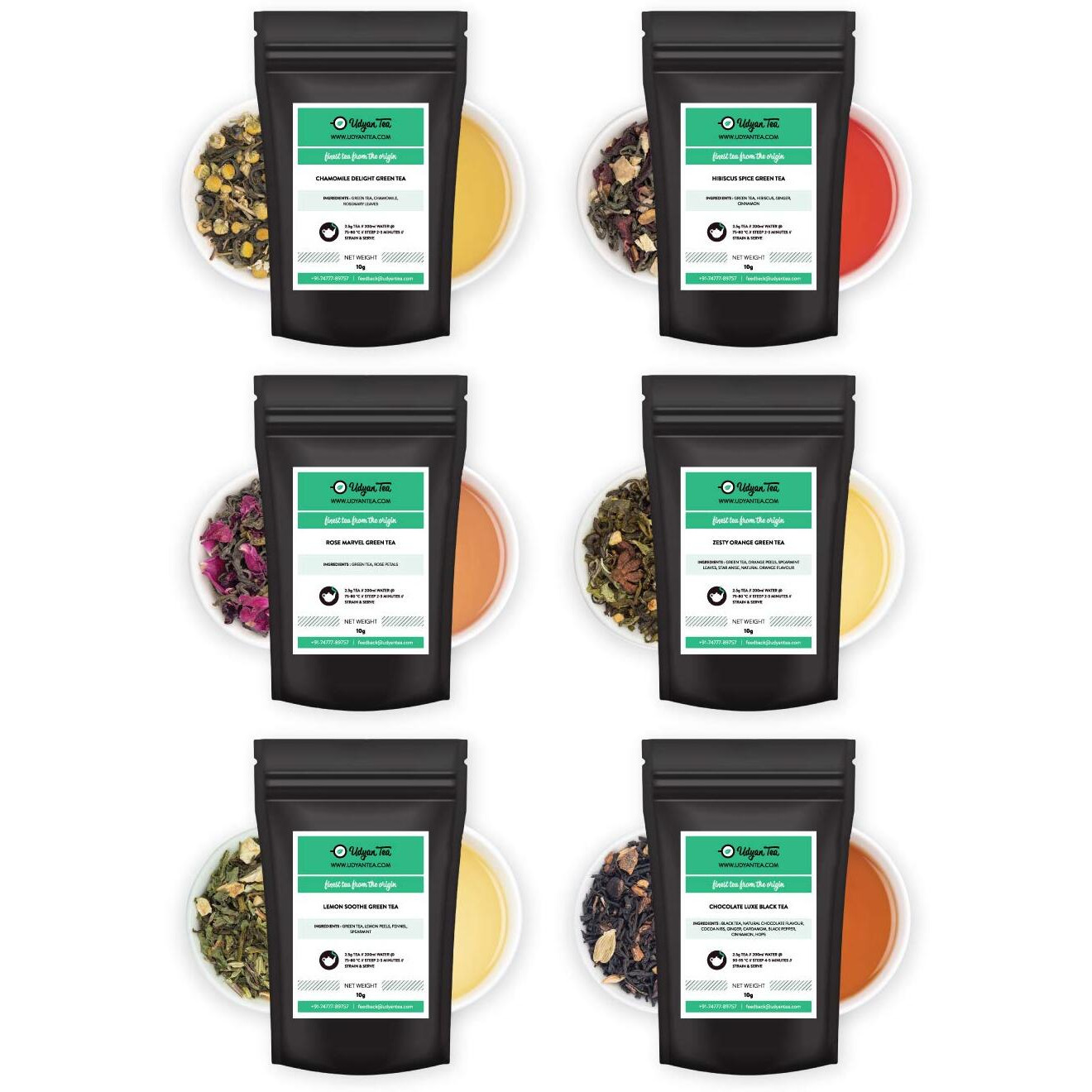 Udyan Tea Floral And Fruit Green Tea Sampler - 60g | 6 Varieties - 10g Each | Green Tea Assorted Pack | 100% Natural Loose Leaf Tea Samples