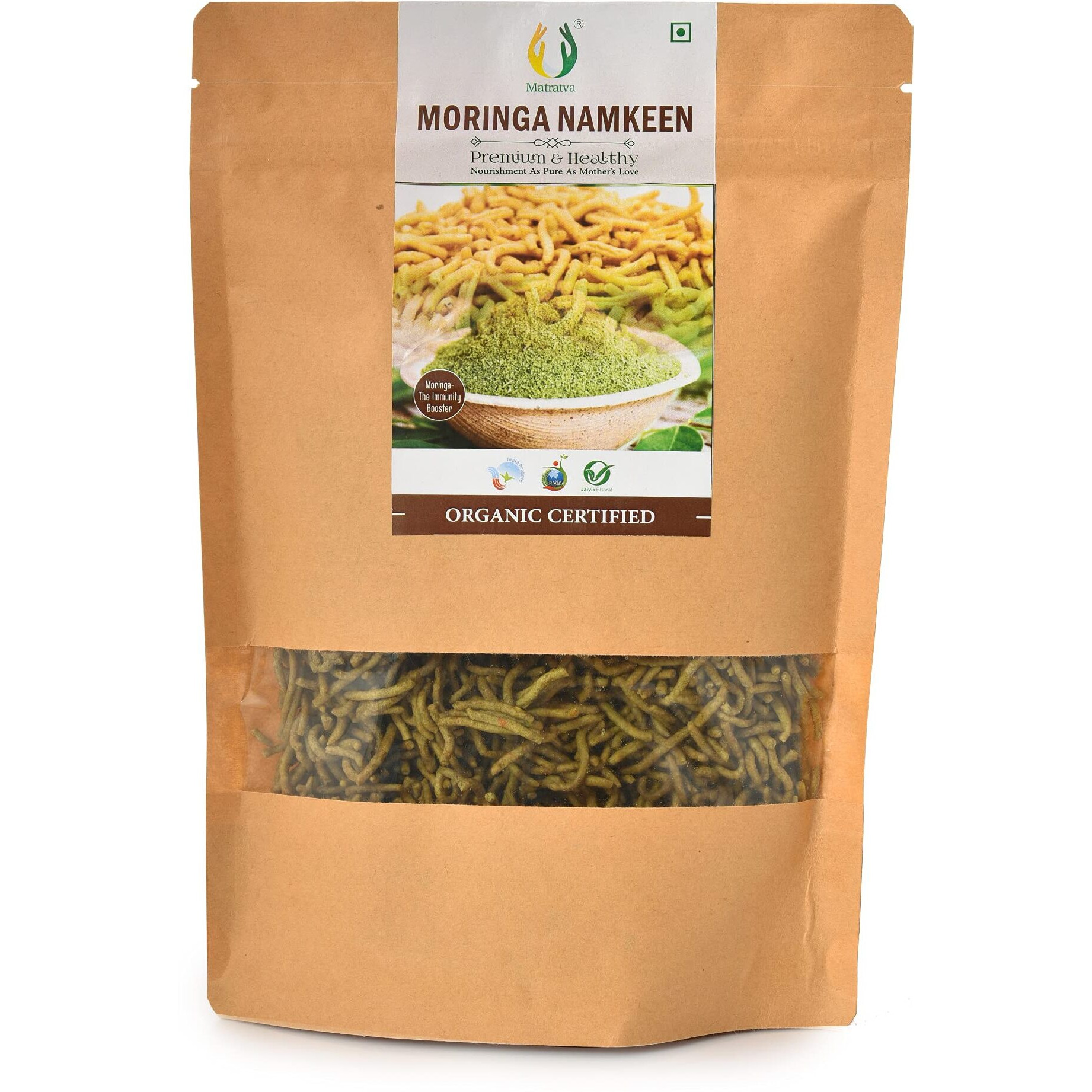 Matratva Organic Moringa Sev Namkeen 500 gm | Organic Namkeen | Fried in Cold Pressed Groundnut Oil | Healthy Indian Snacks | No Preservatives