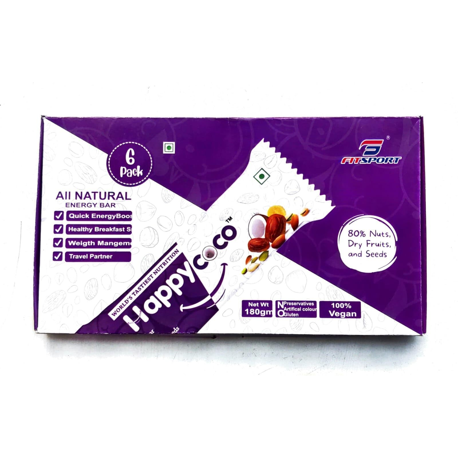 Happy Coco Vegan Energy Bar - Healthy Vegan Snack Bar for weight loss - Gluten Free Snacks contain Coconut, Dry Fruits, Nuts and Seeds (Almond, Sunflower Seeds & pumpkin Seeds) with No Added Sugar - 300gm(30gm x 6 Bars, Pack of 6)